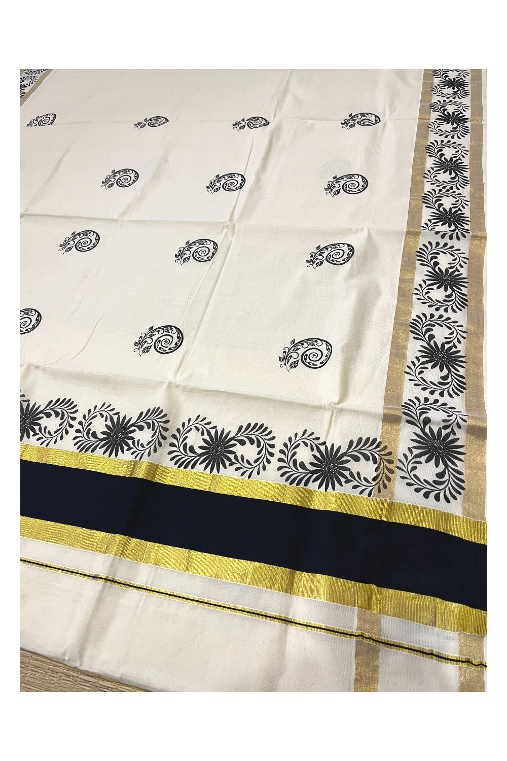 Pure Cotton Kerala Saree with Black Floral Block Printed Kasavu Border