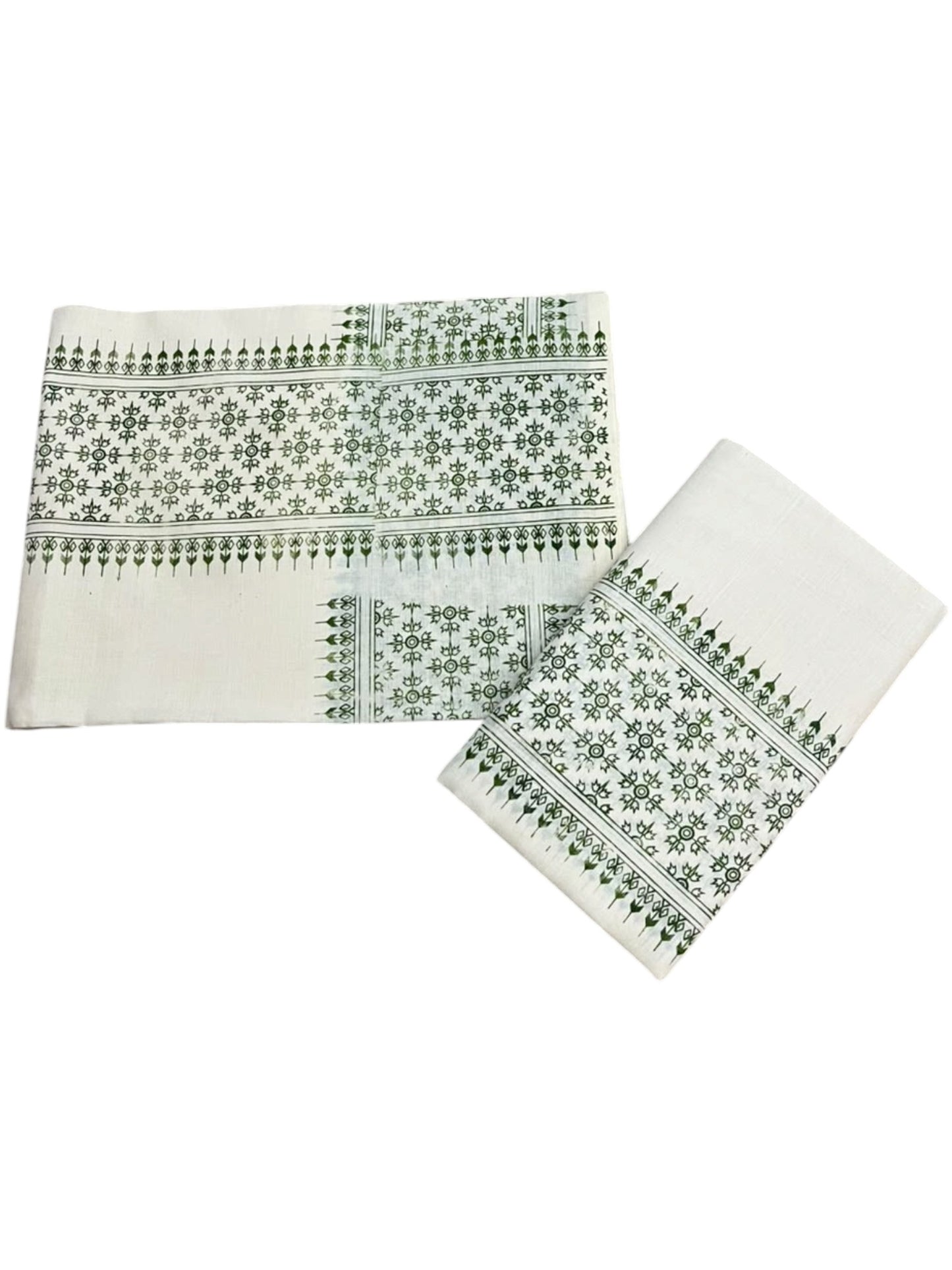 Southloom Kerala Cotton Set Mundu (Mundum Neriyathum) with Green Floral Prints on Border-2.80Mtrs SL625