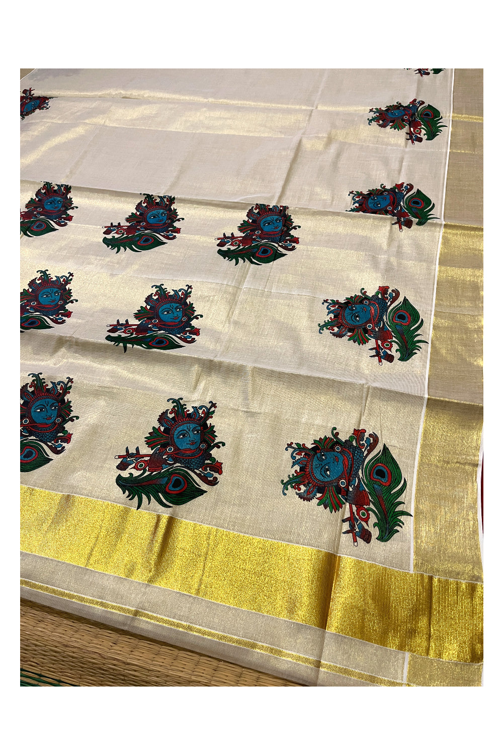 Kerala Tissue Kasavu Mural Printed Saree with Krishna Design