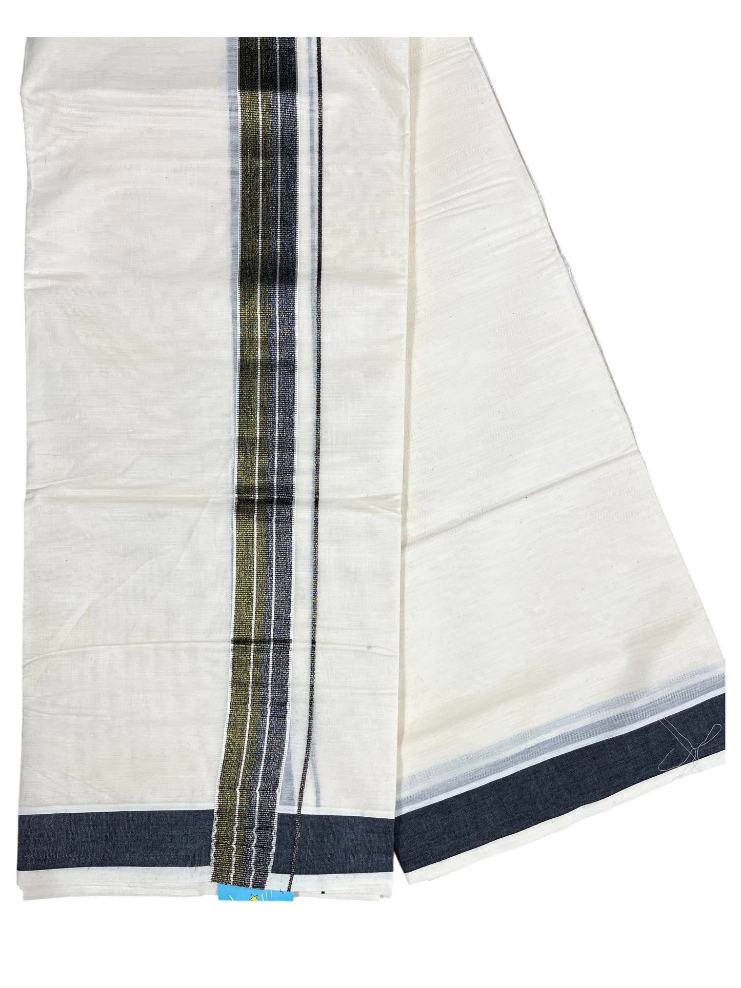 Southloom Pure Cotton Mundu with Silver Lines and Green Border (South Indian Kerala Dhoti)