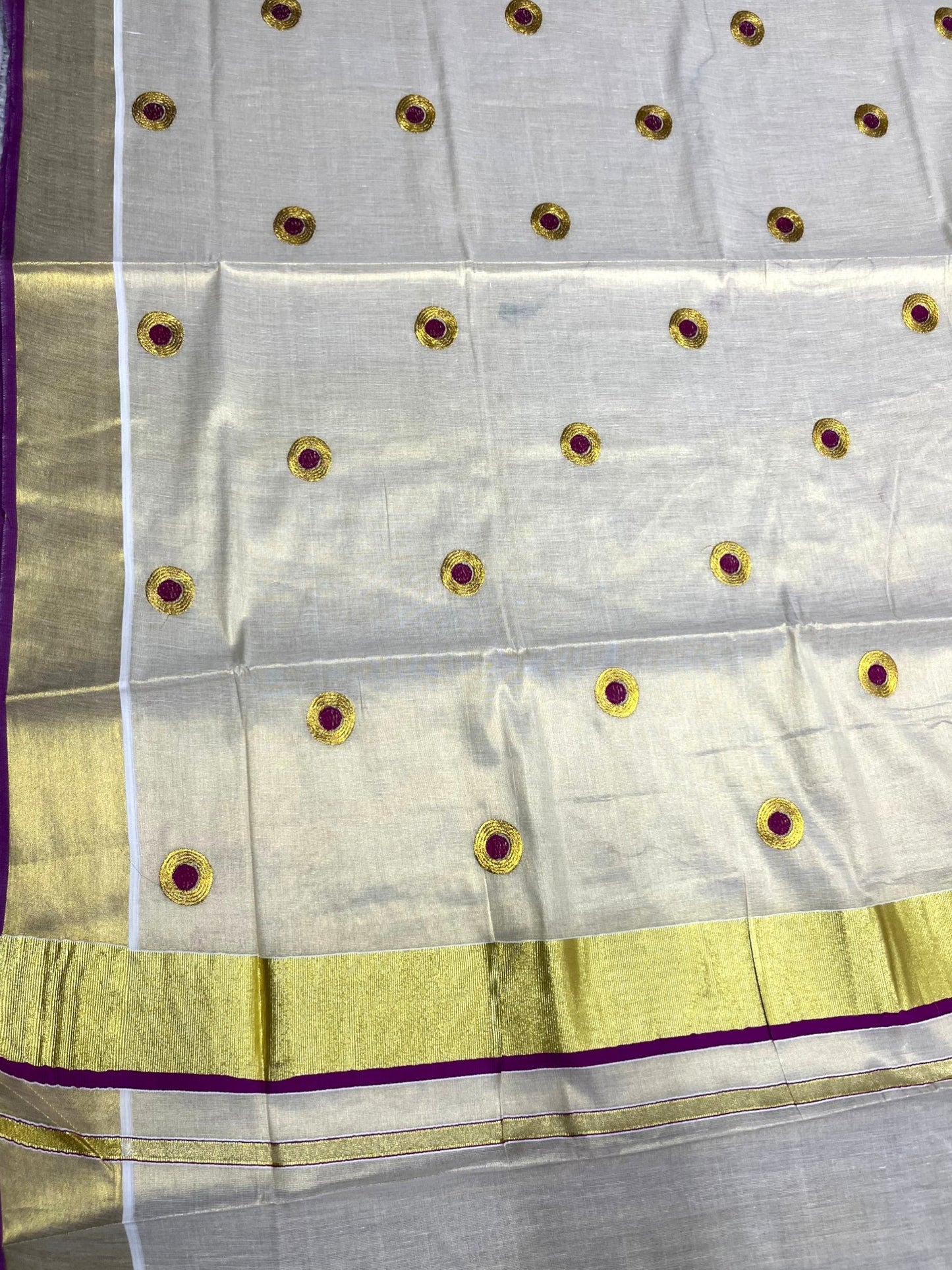Southloom Kerala Tissue Kasavu Saree with Gold & Magenta Polka Embroidery Works on Body