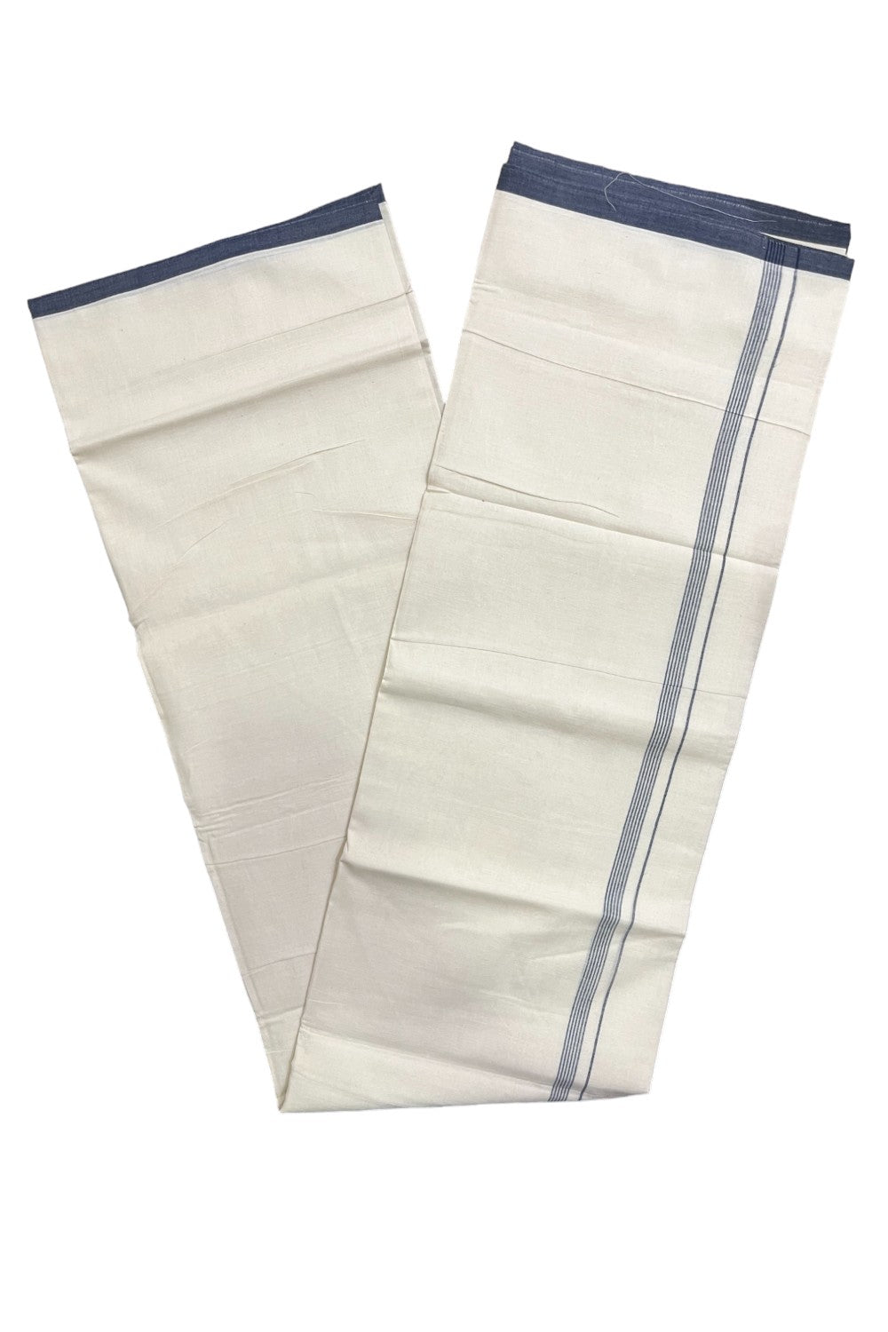 Pure Cotton Off White Double Mundu with Navy Blue Border (South Indian Kerala Dhoti)