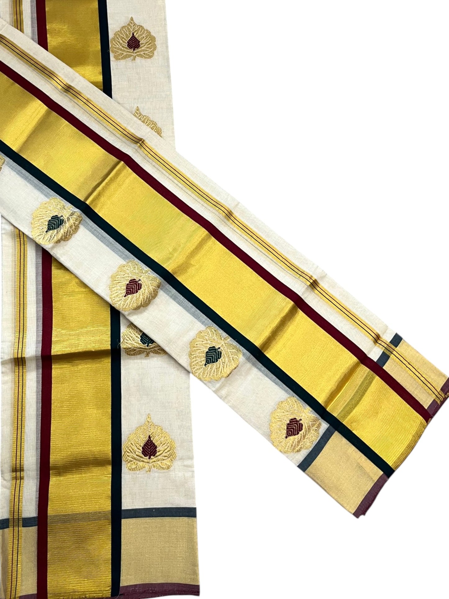 Southloom Premium Tissue Handloom Set Mundu with Green & Maroon Alila Leaf Desgin And Gold Kasavu Border (2.80 Mtr) SL632