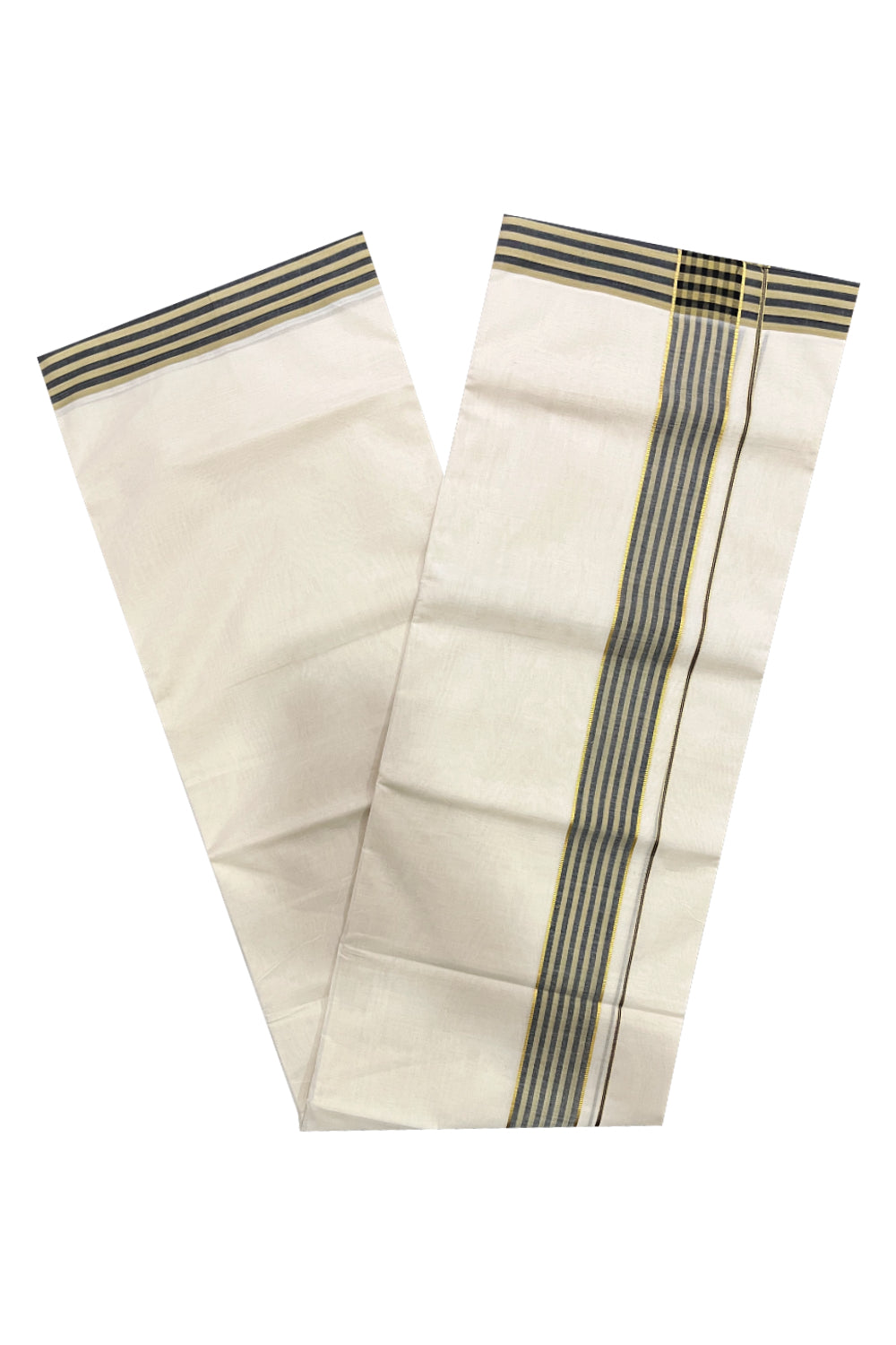 Pure Cotton 100x100 Double Mundu with Kasavu and Black Brown Line Border (South Indian Kerala Dhoti)