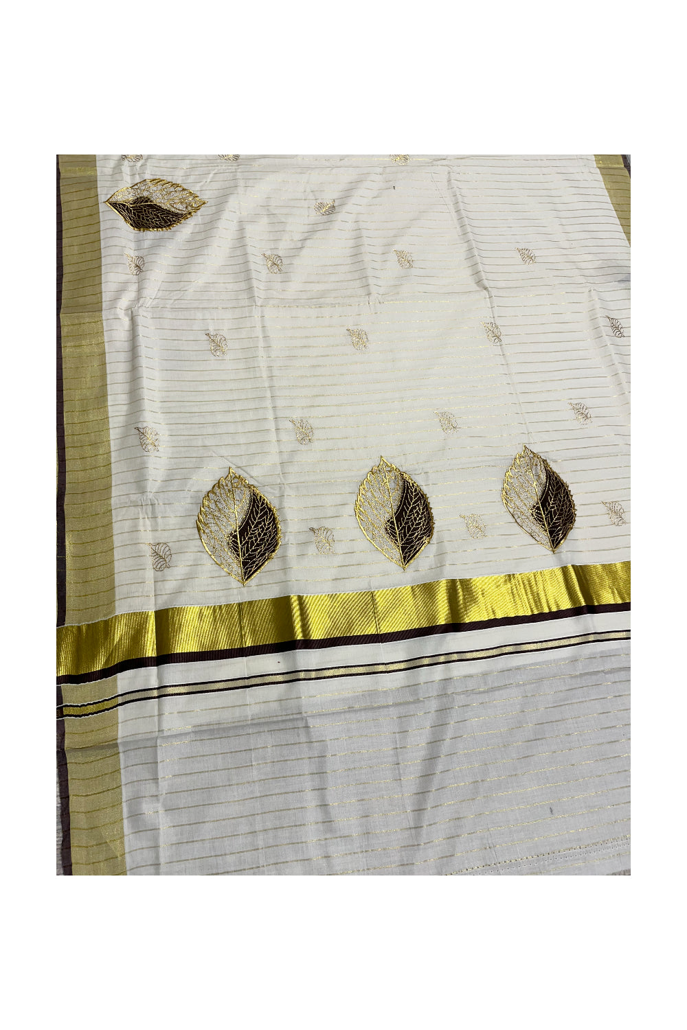 Southloom Kasavu Lines Saree with High Quality Embroidery Work in Kasavu and Brown
