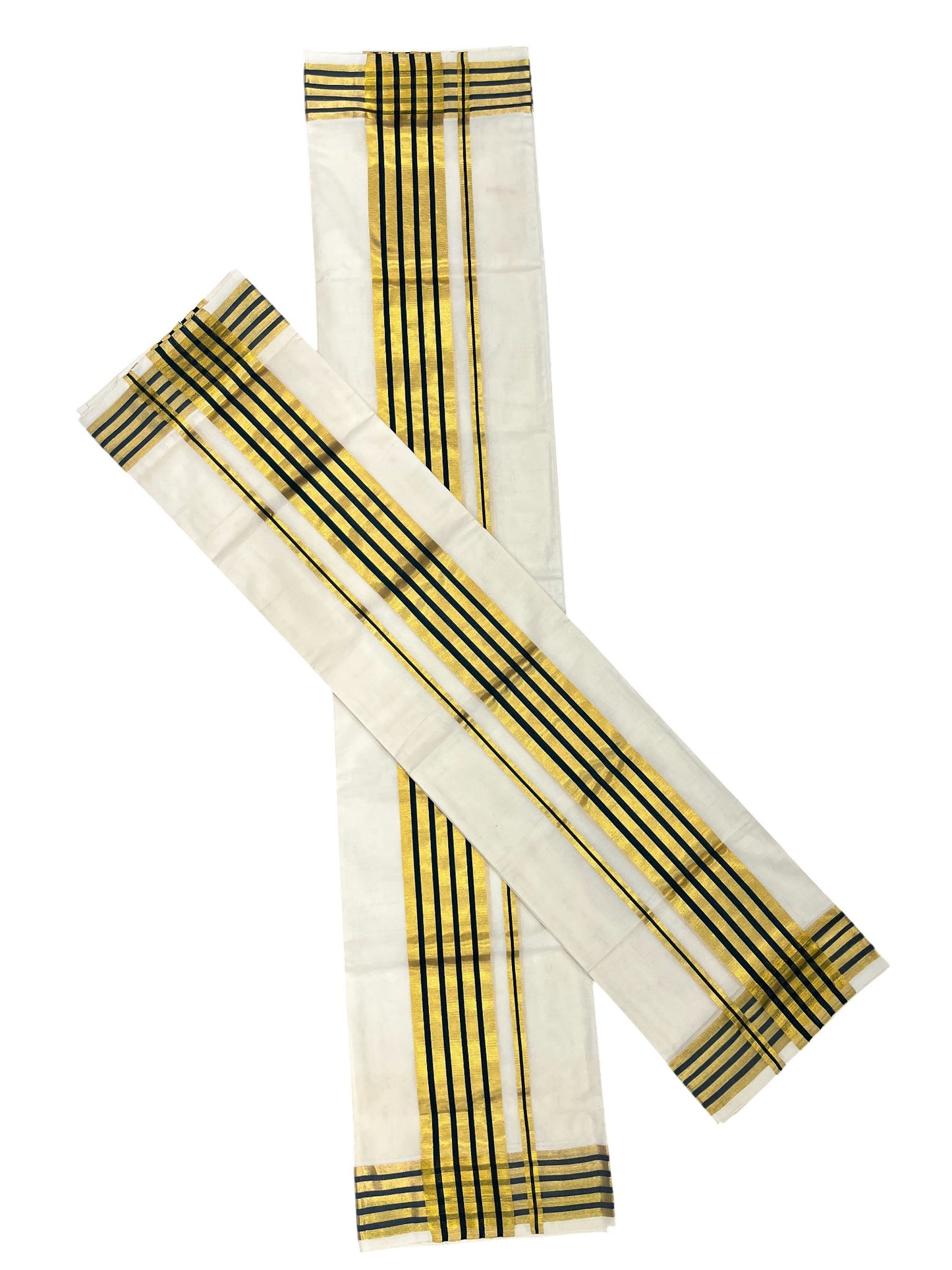 Southloom Premium Handloom Cotton Set Mundu (Mundum Neriyathum) with Kasavu and Green Lines Border 2.80 Mtrs