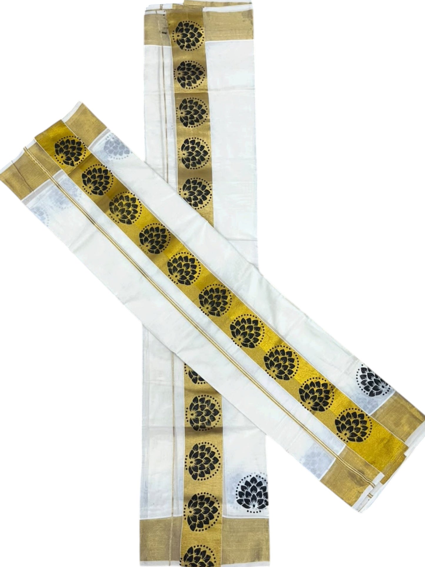 Southloom Pure Cotton Set Mundu with Gold Kasavu and Black Floral Digital Print in 2.80 Mtrs SL383