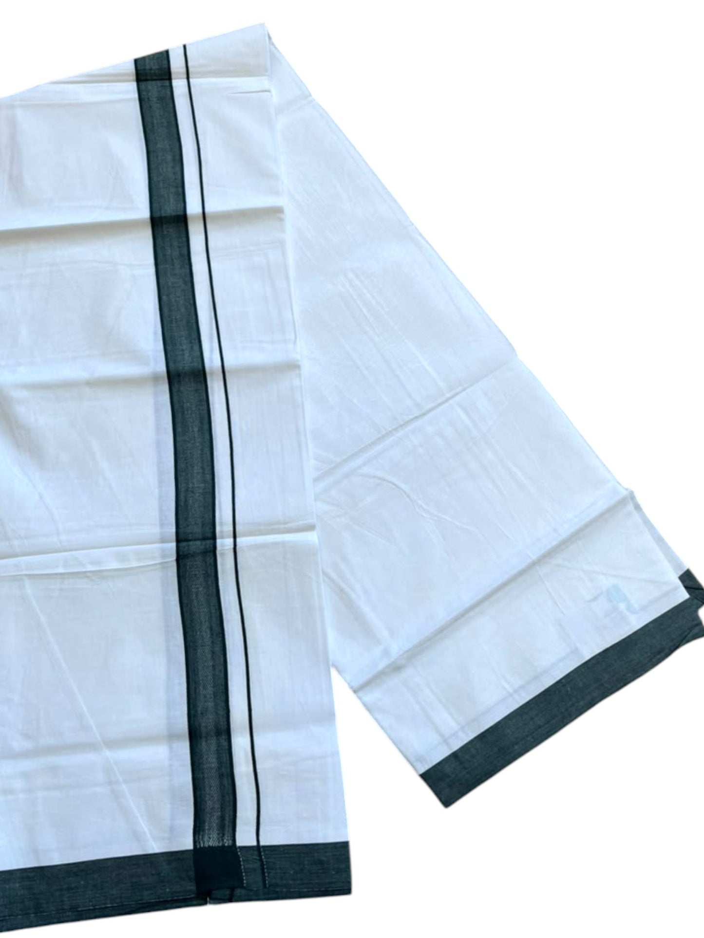 Southloom Pure White Single Cotton Mundu with Dark Green Border (South Indian Kerala Dhoti)