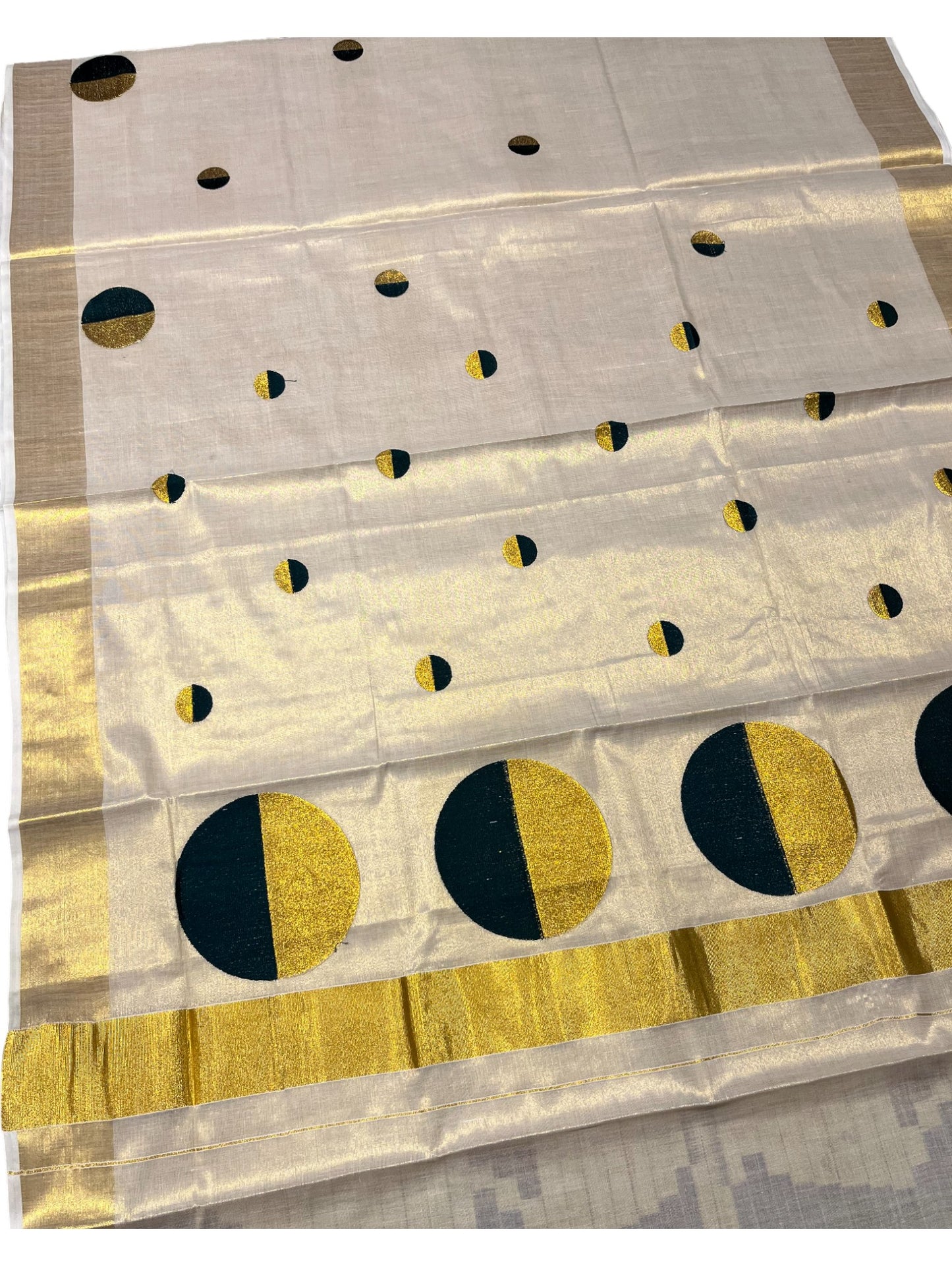 Southloom Kerala Tissue Kasavu Saree With Green Polka Dots Embroidery on Body