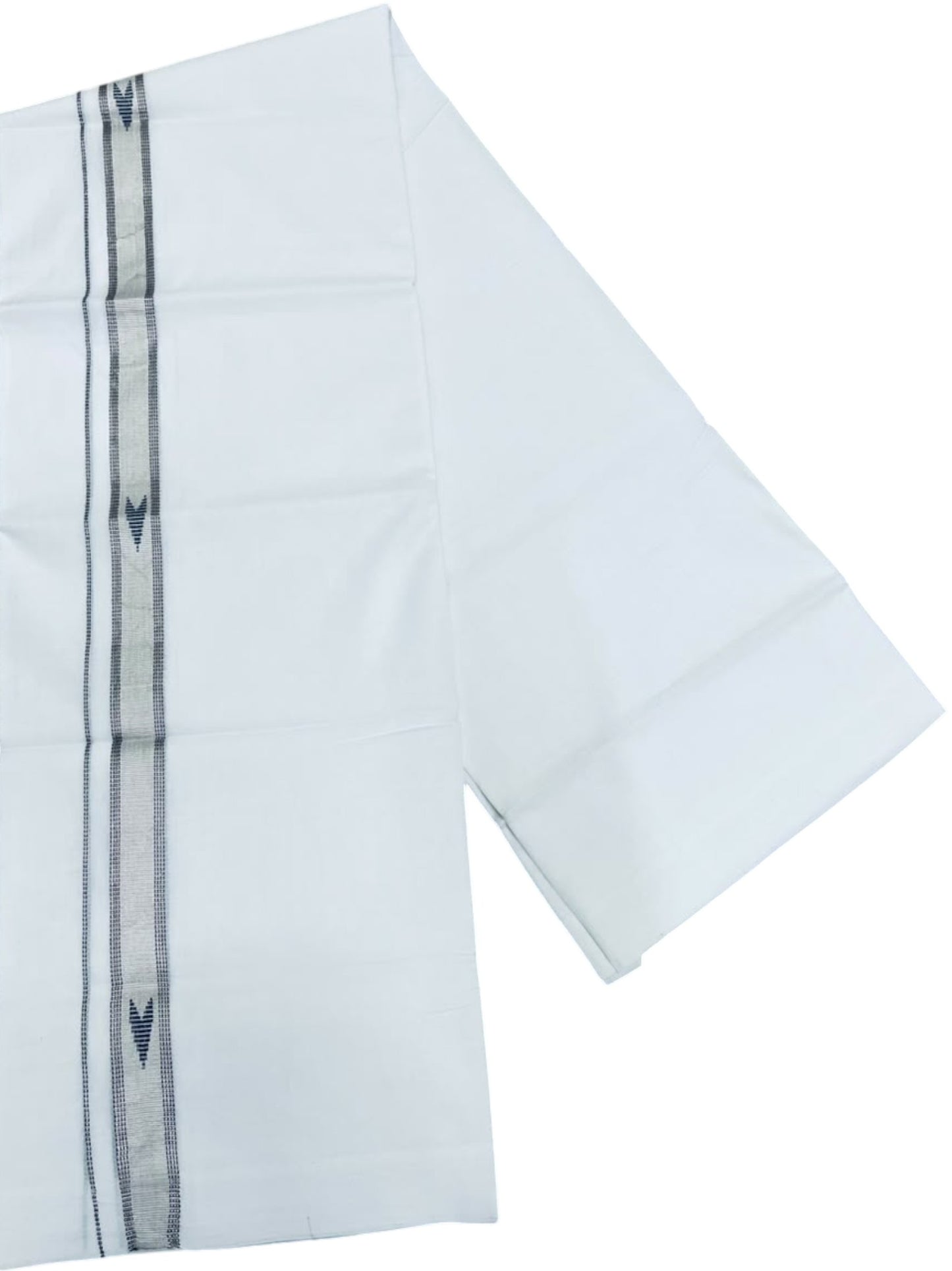 Southloom Pure White Cotton Mundu with Blue & Silver Line Border (South Indian Kerala Dhoti)