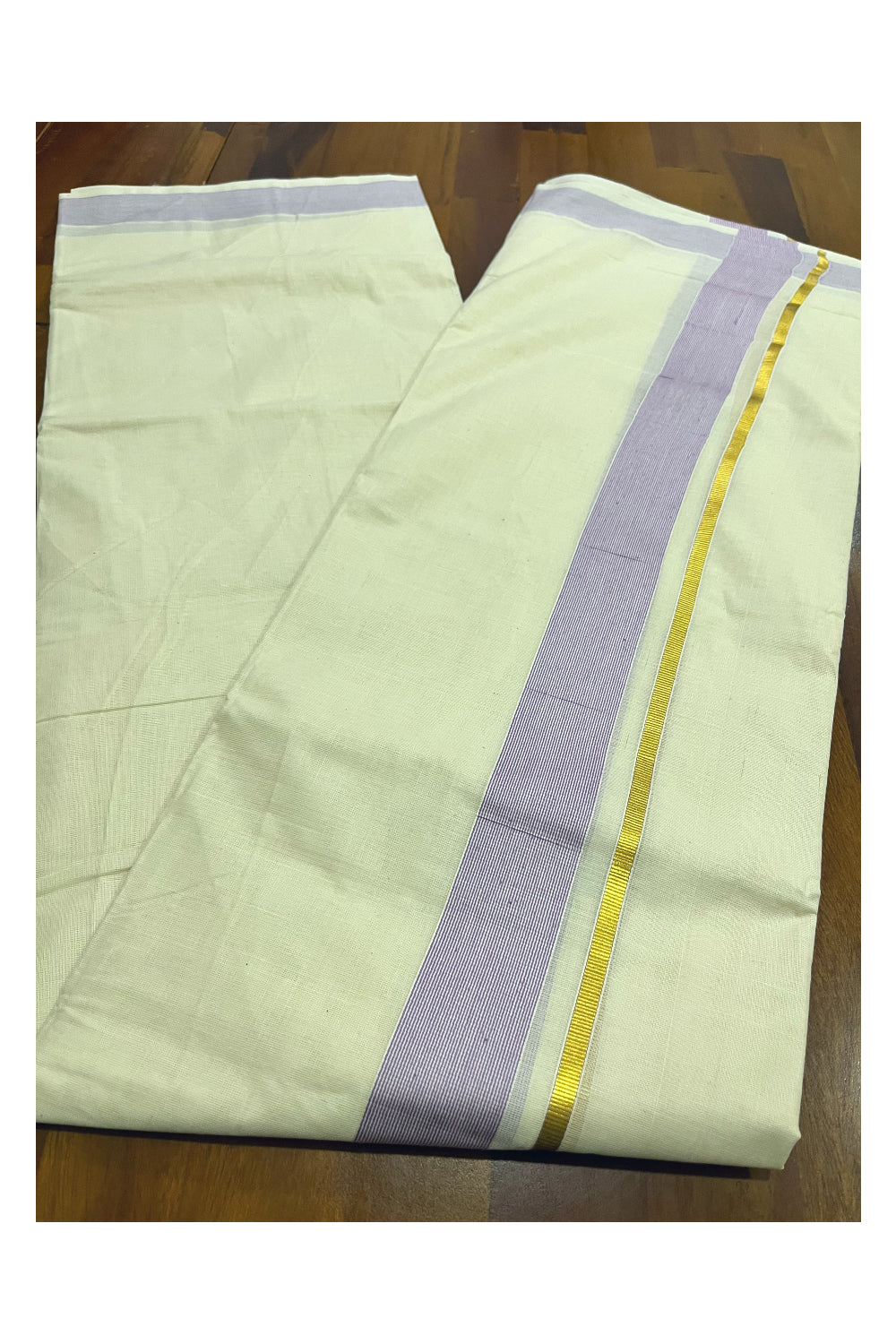 Pure Cotton Mundu with Light Violet Lines and Kasavu Border (South Indian Kerala Dhoti)