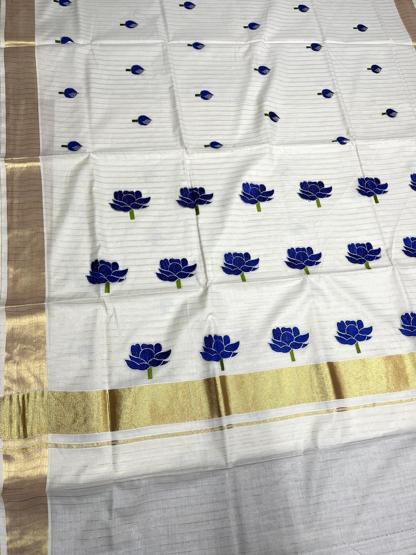 Southloom Kerala Cotton Kasavu Saree with Blue Lotus Embroidery Design