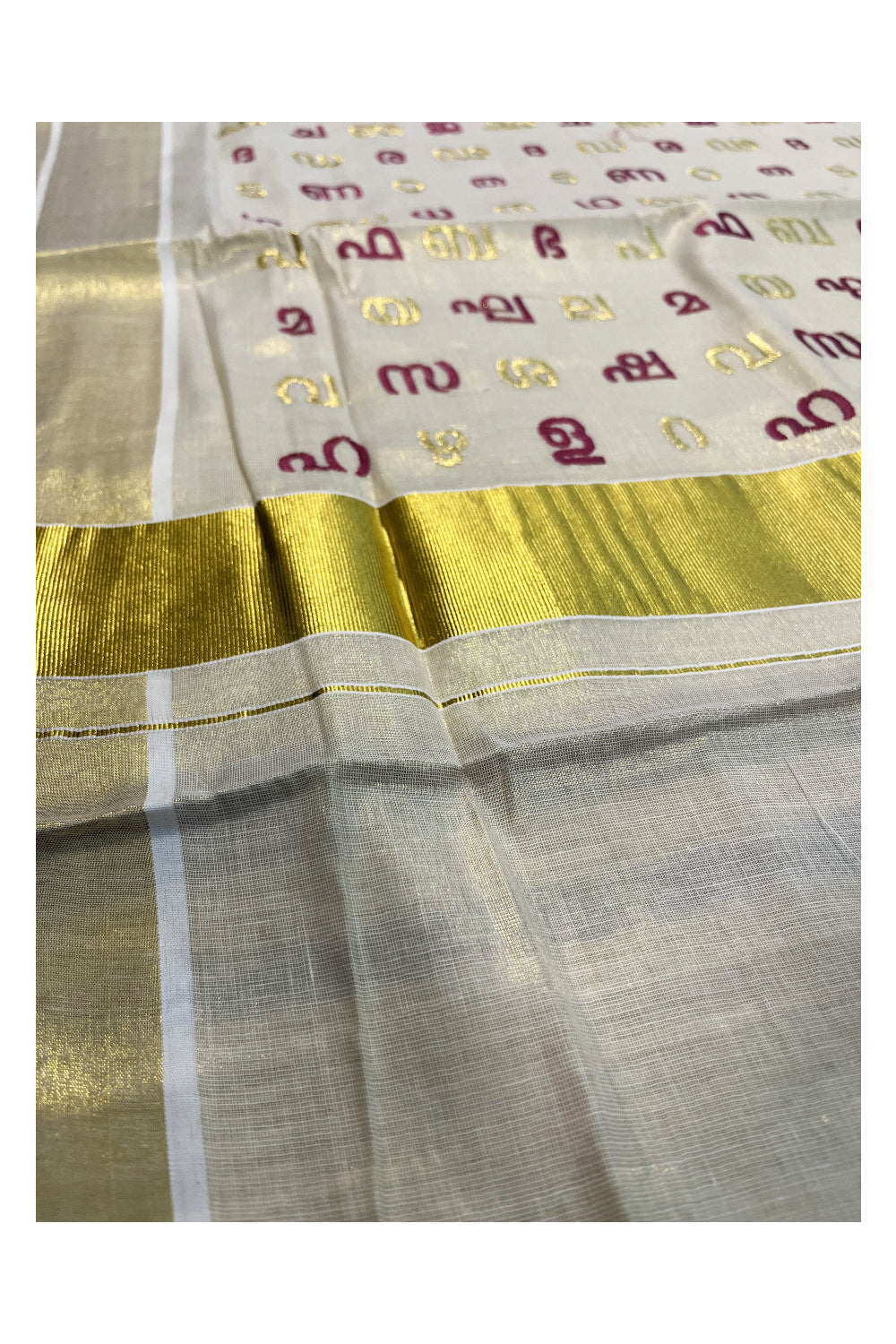 Southloom Kerala Tissue Kasavu Saree with Pink and Gold Malayalam Aksharamala Embroidery Work on Body