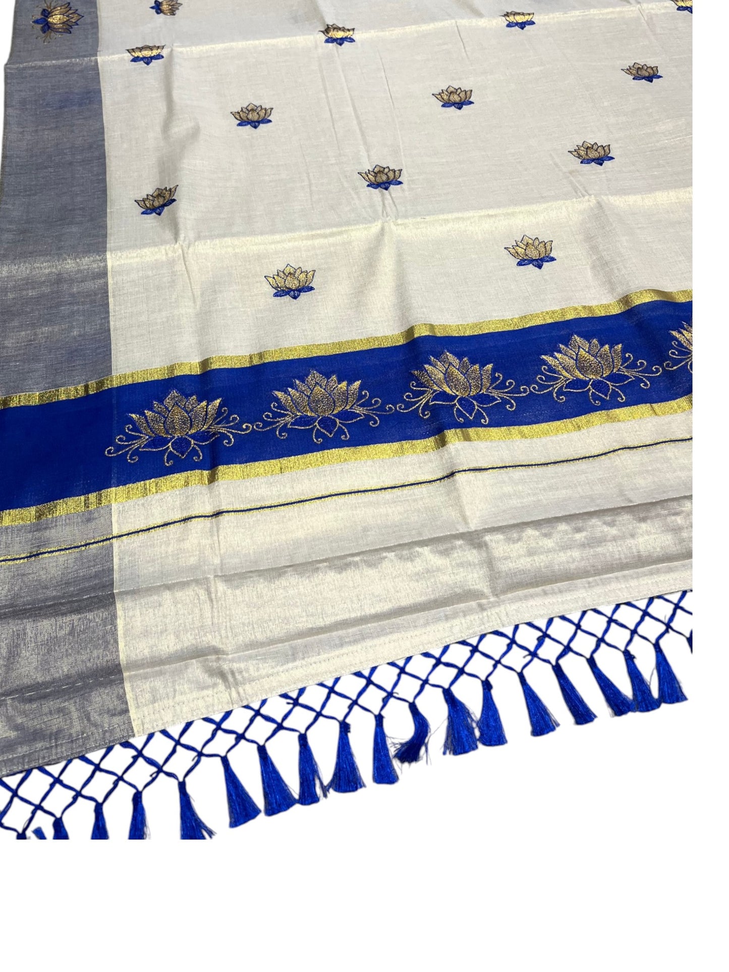 Southloom Kerala Tissue Kasavu Saree with Blue And Golden Lotus Embroidary Works on Body SL273