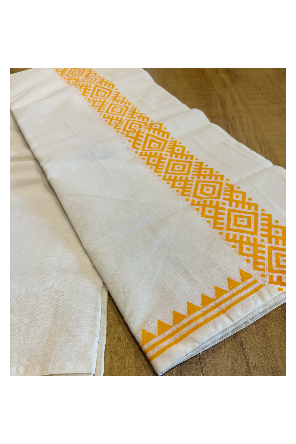 Pure Cotton Off White Double Mundu with Block Prints on Yellow Kara (South Indian Dhoti)