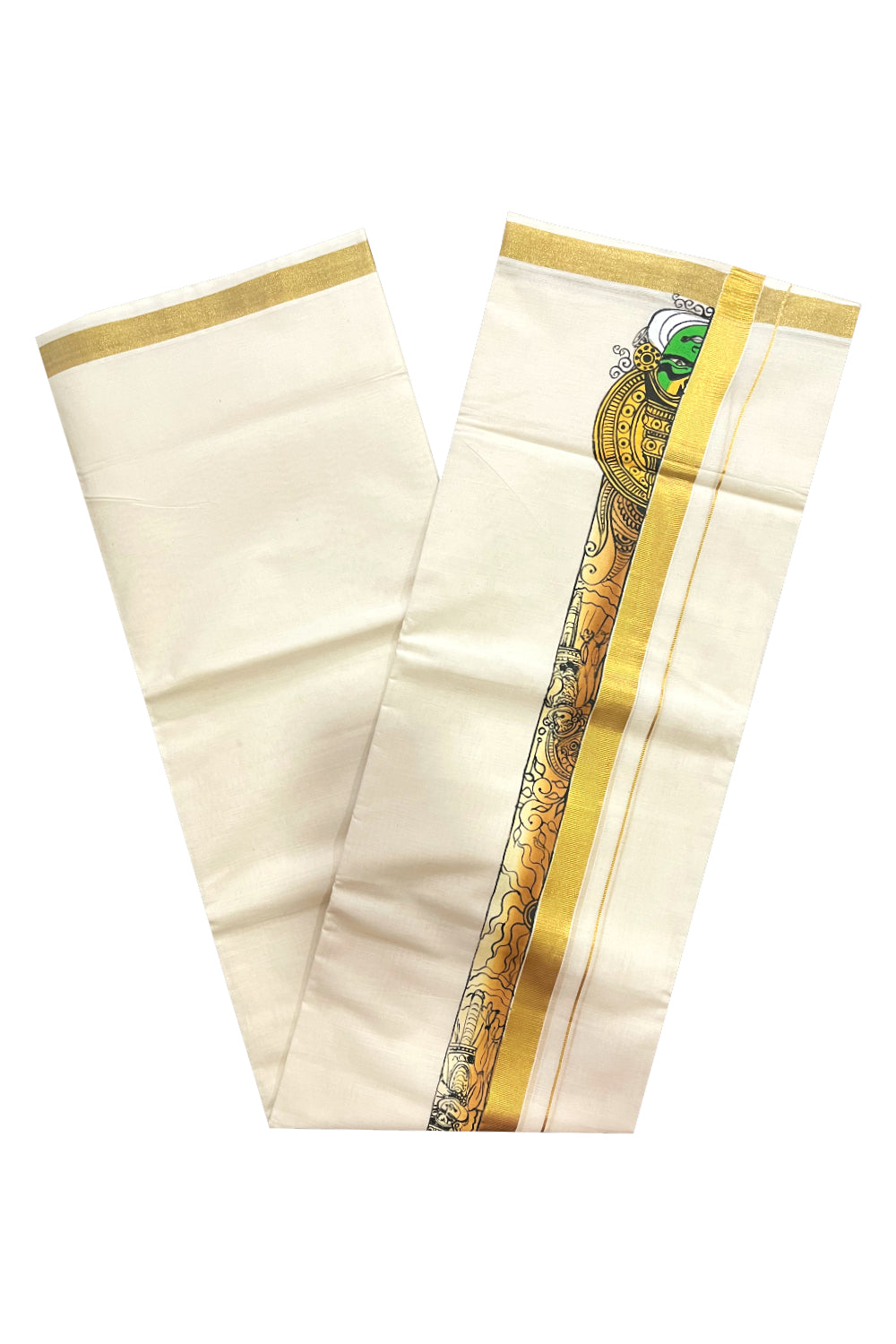 Pure Cotton Kerala Double Mundu with Kathakali Hand Painted Designs on Kasavu Border (Vishu Collection 2024)