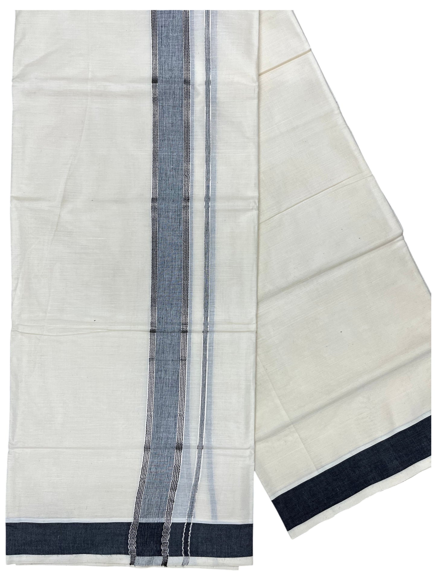 Southloom Kerala Pure Cotton Double Mundu with Silver Lines and Grey Border with (South Indian Dhoti)