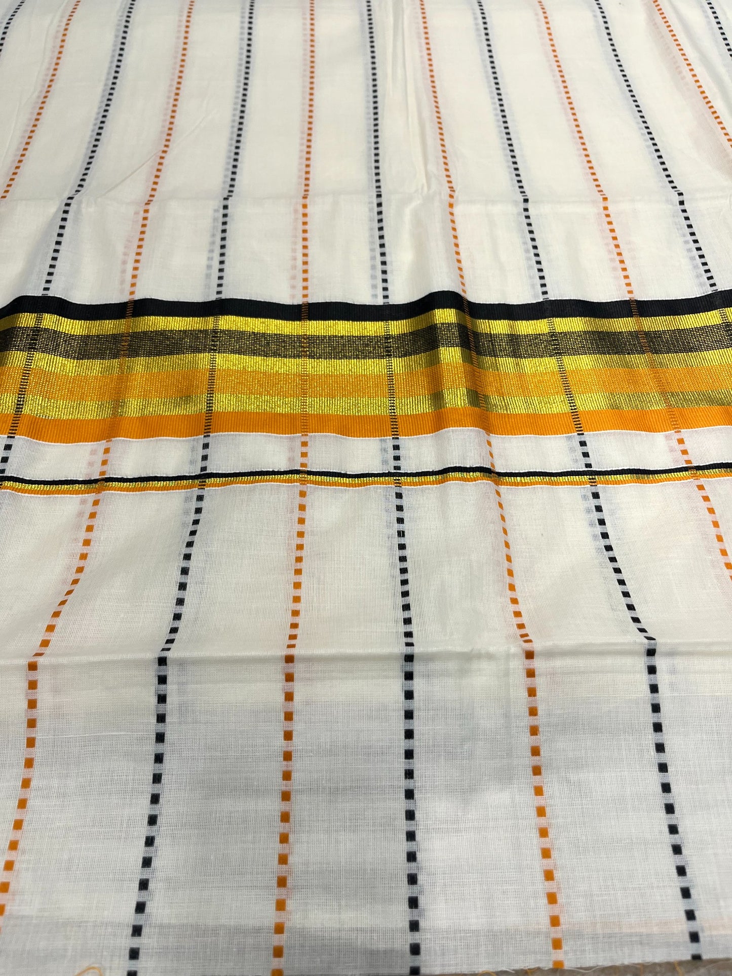 Southloom Cotton Kasavu Saree with Orange and Black Thread Work Across Body