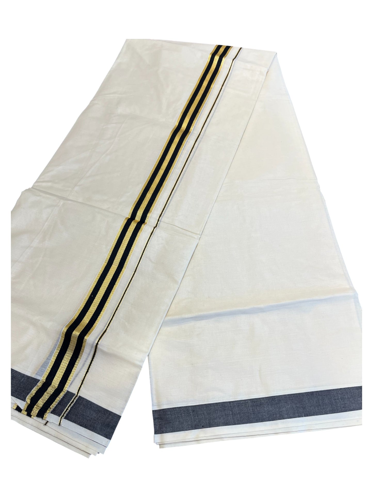 Southloom Pure Cotton  Double Mundu With Gold Kasavu & Black Border (South Indian Kerala Dhoti)
