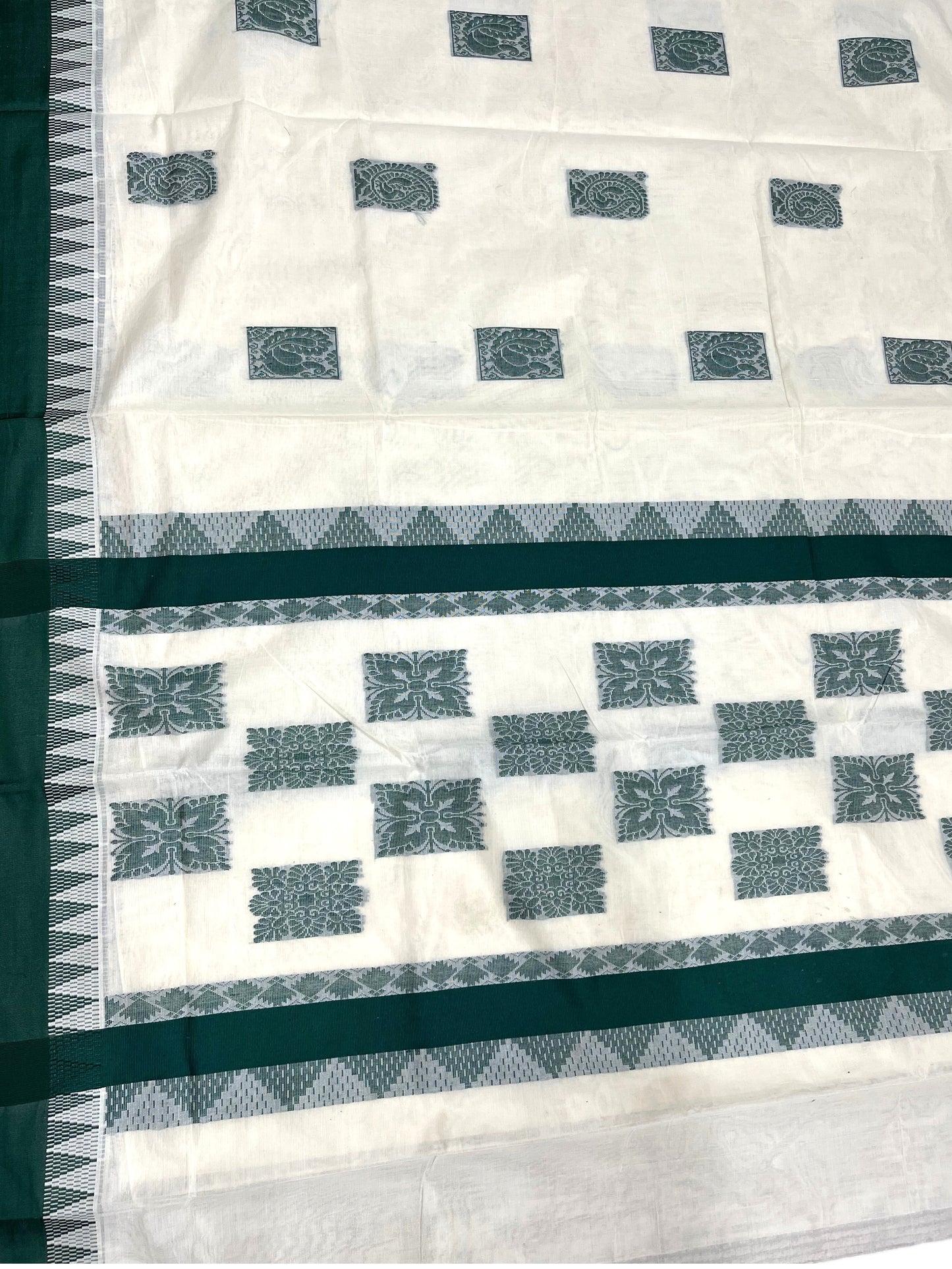 Southloom Pure Cotton Kerala Saree with Green Heavy Woven Designs and Temple Border