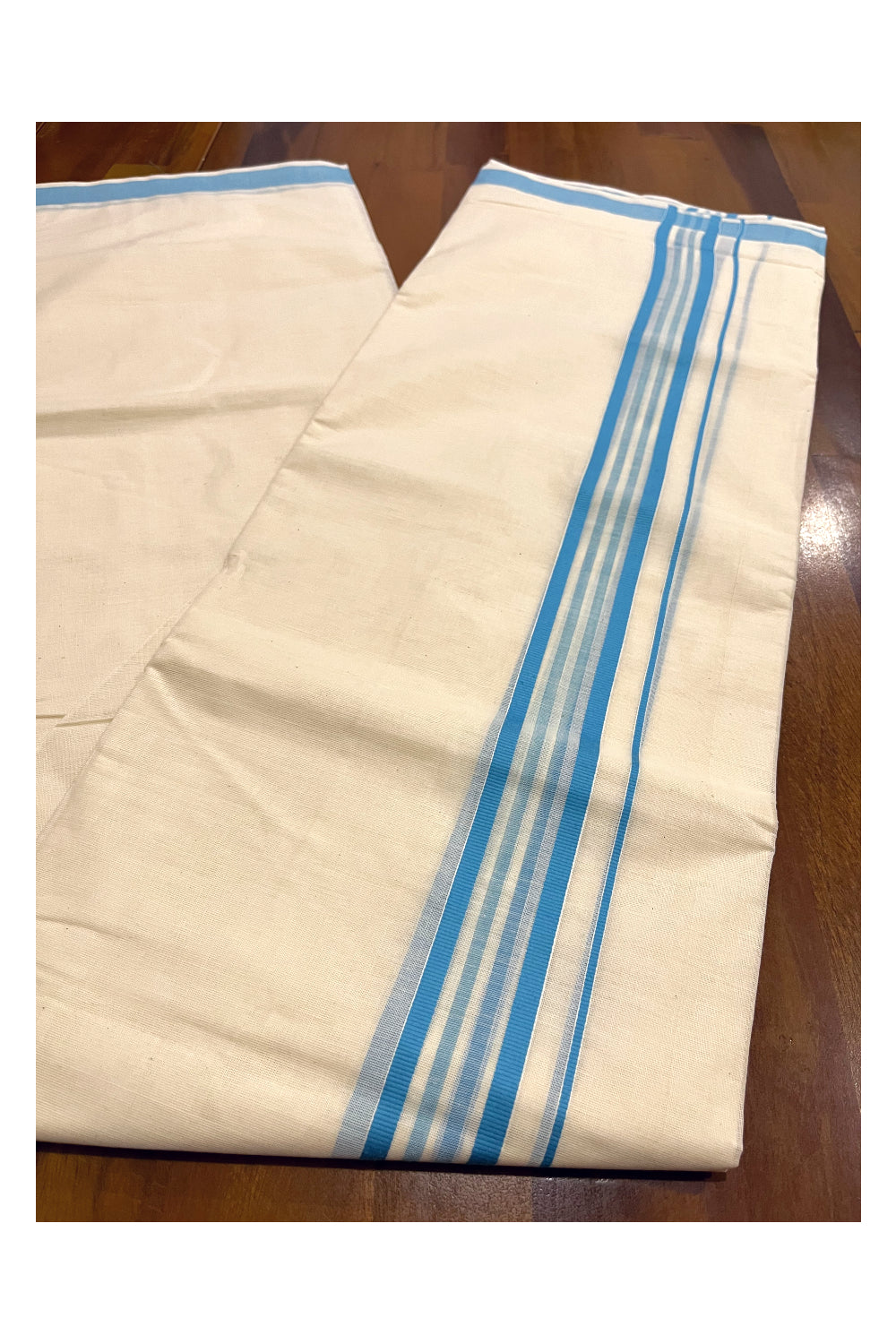 Kerala Cotton Double Mundu with Blue Line Border (Onam Mundu 2023)