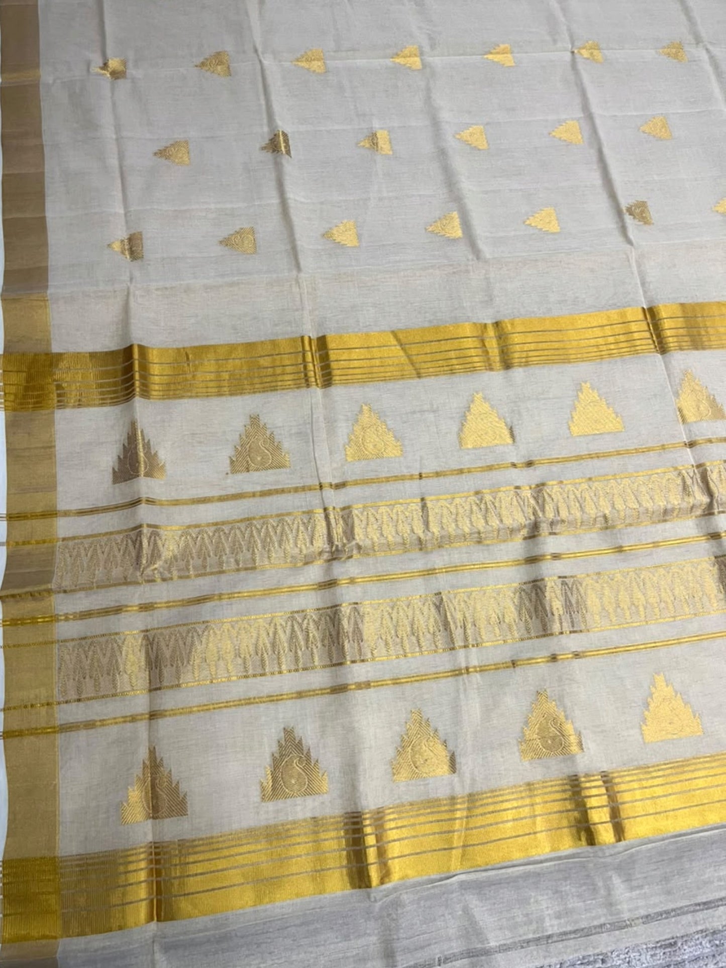 Southloom Super Premium Balaramapuram Handloom Tissue Saree with Temple Design and Gold Kasavu Border