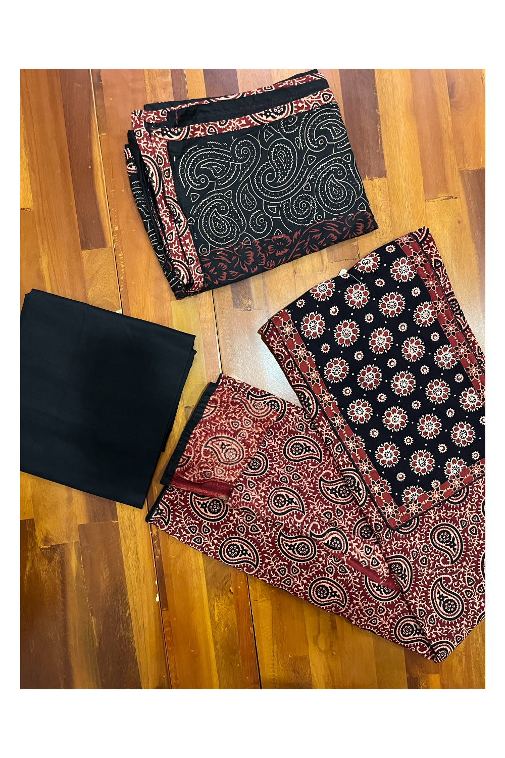 Southloom™ Cotton Churidar Salwar Suit Material with Black Maroon Ajrakh Prints