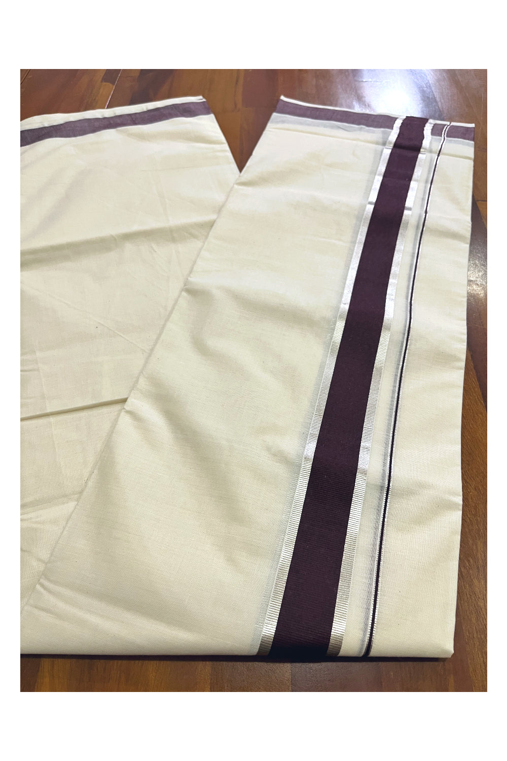 Pure Cotton Double Mundu with Dark Brown and Silver Kasavu Kara (South Indian Kerala Dhoti)