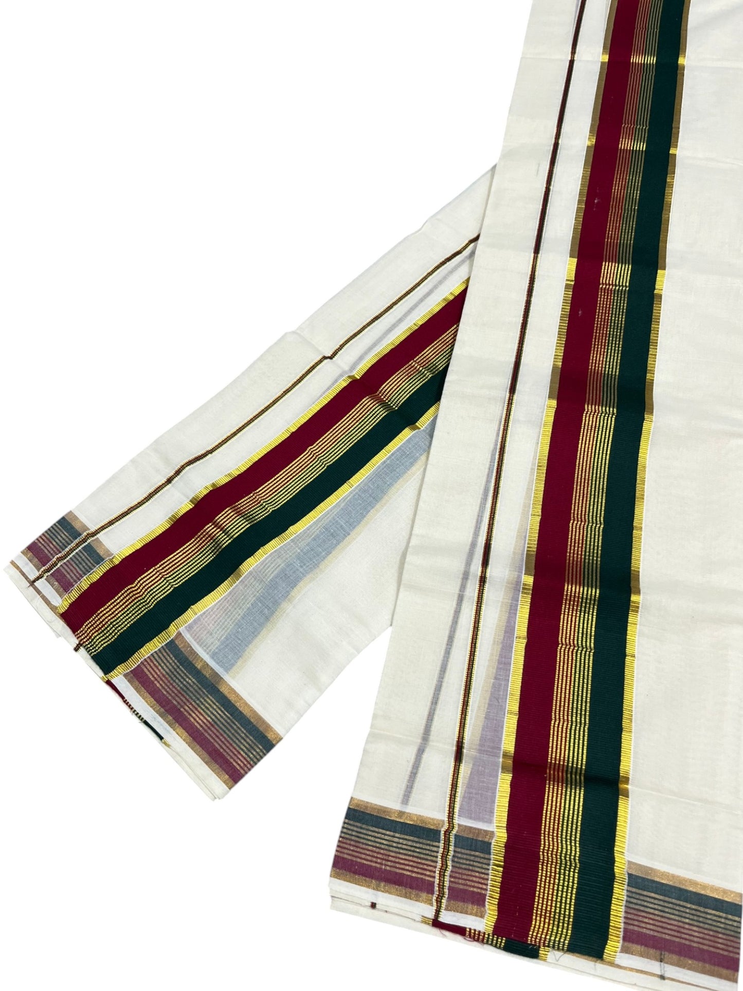 Southloom Kerala Cotton Kasavu Single Set Mundu (Mundum Neriyathum) with Green and Maroon Kasavu Border SLKK