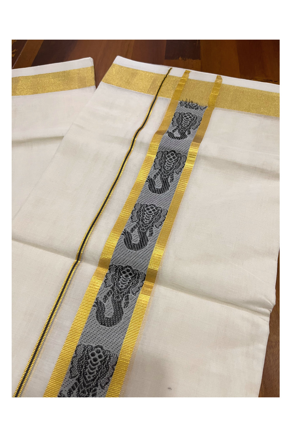 Southloom Premium Handloom Pure Cotton Mundu with Golden and Black Kasavu Woven Border (Onam Mundu 2023)