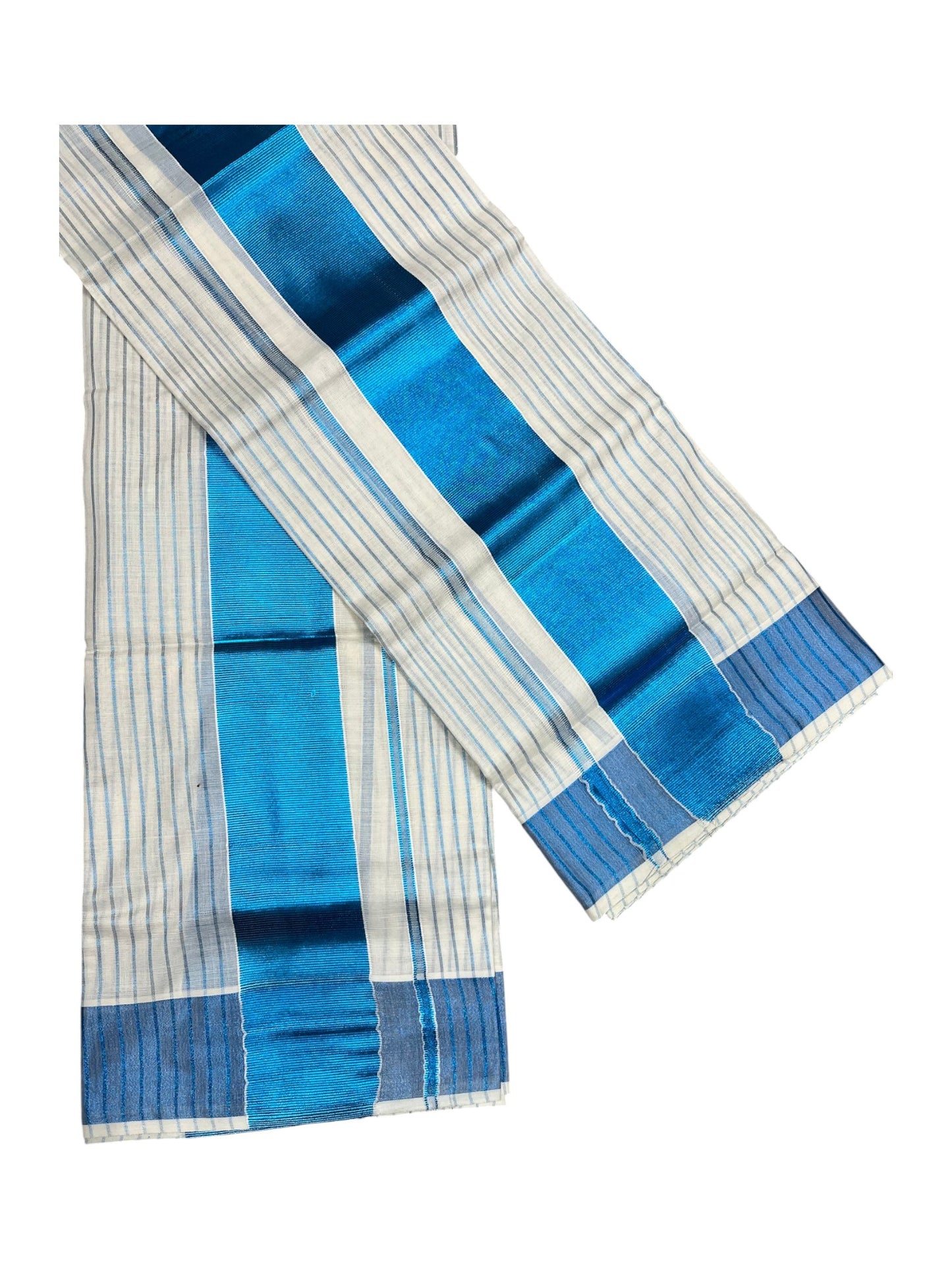 Southloom Kerala Cotton Set Mundu  (Mundum Neriyathum) Blue Kasavu Lines Across Body 2.80 Mtrs
