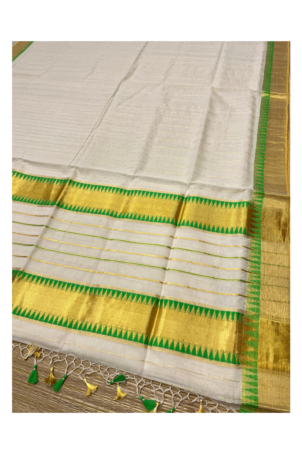 Southloom Super Premium Balaramapuram Unakkupaavu Handloom Saree with Green and Kasavu Lines Across Body and Temple Border