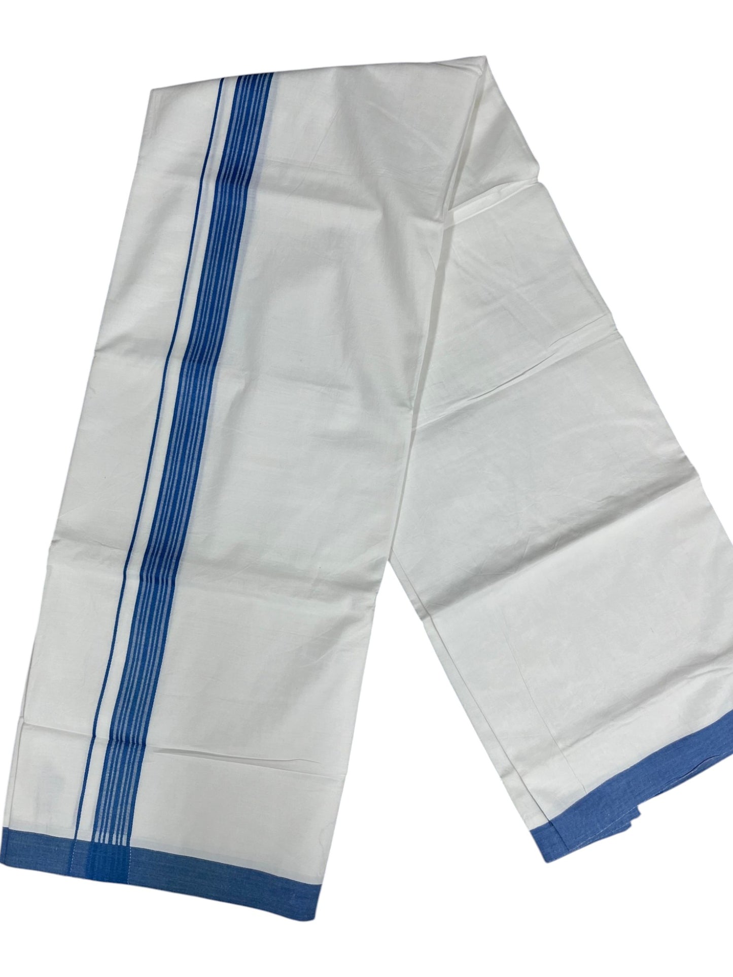 Southloom Pure White Cotton Mundu with Blue Lines Border (South Indian Kerala Dhoti)