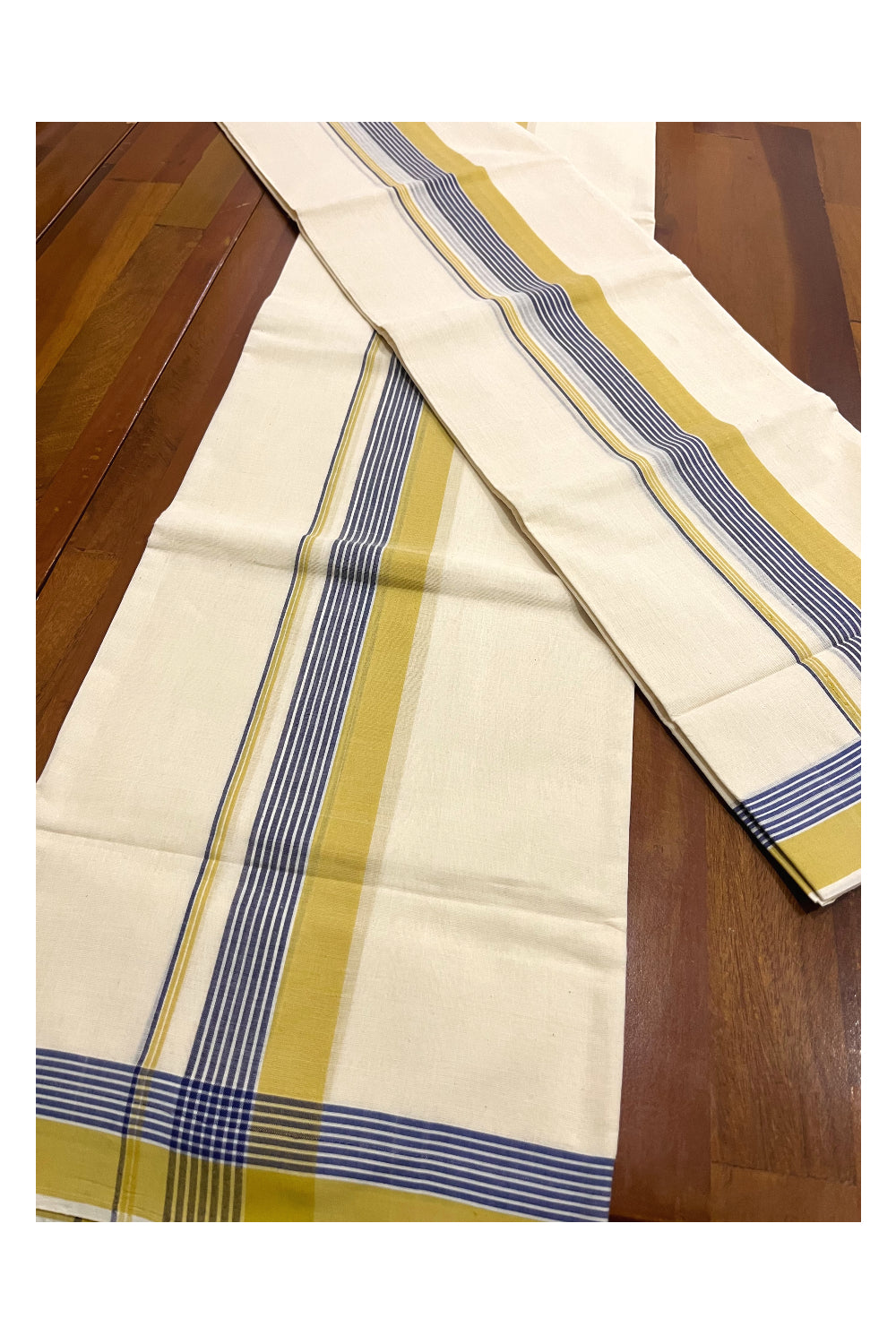 Southloom Premium Handloom Single Set Mundu (Mundum Neriyathum) with Yellow and Blue Border 2.80 Mtrs