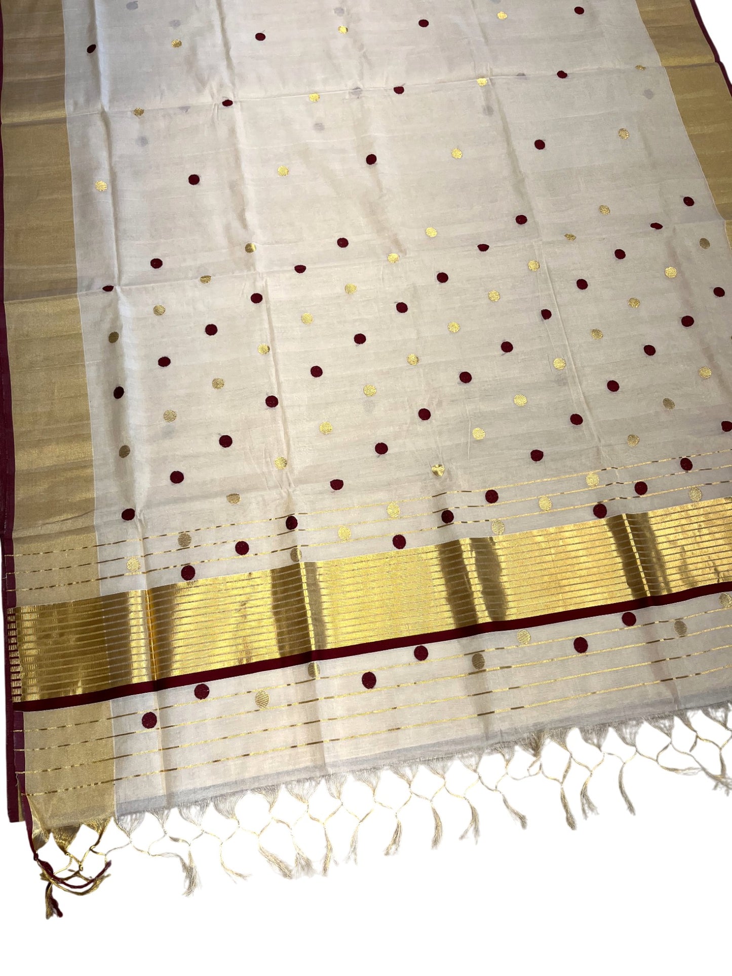 Southloom Super Premium Balaramapuram Unakkupaavu Handloom Tissue Saree with Gold and Maroon Polka on Body