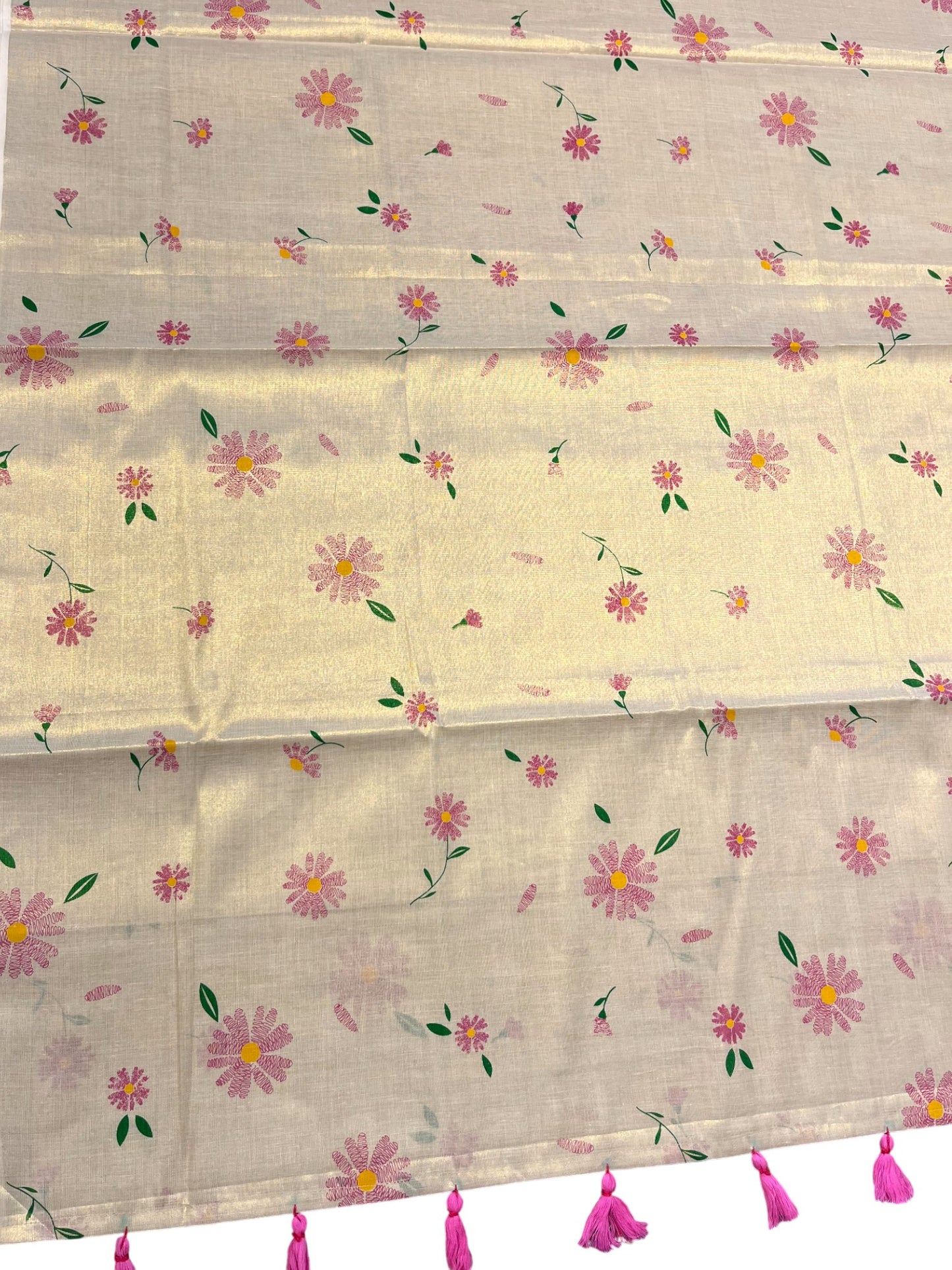 Southloom Kerala Tissue Kasavu Saree with Pink Floral Print on Body and Border