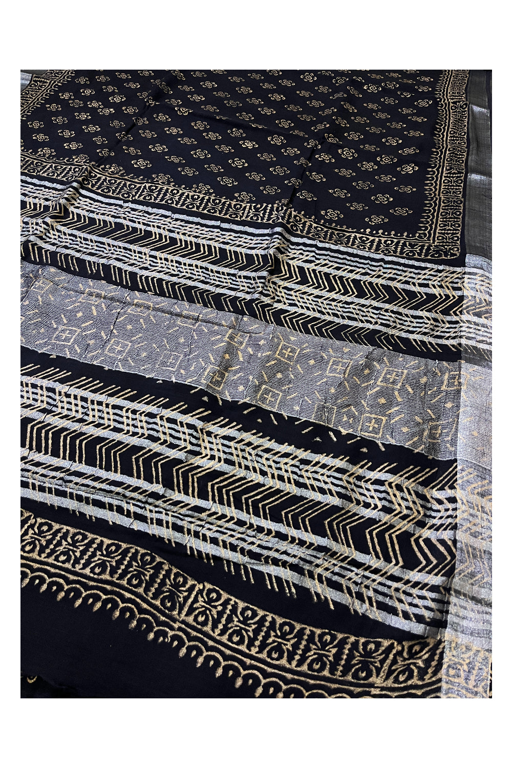 Southloom Linen Black Saree with Brown Designer Prints and Tassels works on Pallu
