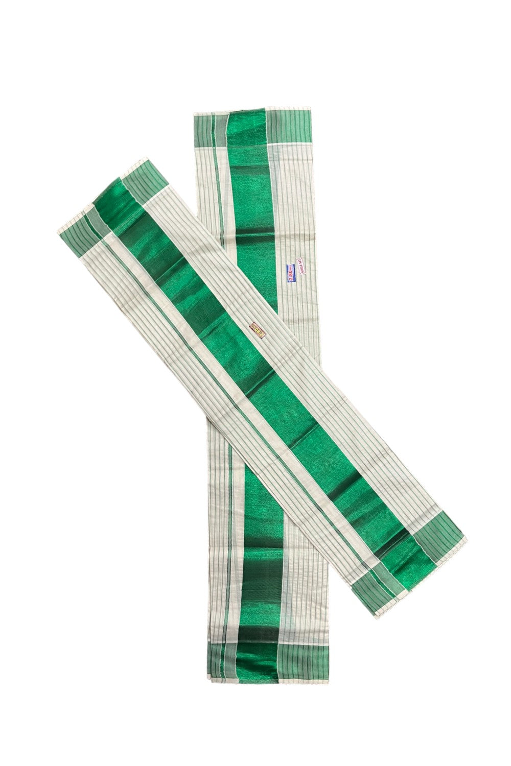 Kerala Cotton Set Mundu (Mundum Neriyathum) with Green Kasavu Lines Across Body 2.80 Mtrs