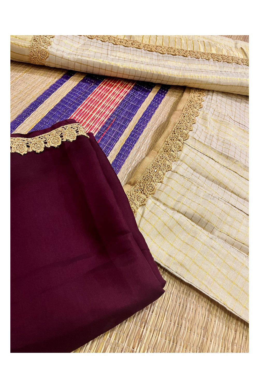 Semi Stitched Premium Tissue Dhavani Set with Check Designs on Body and Maroon Piping Works