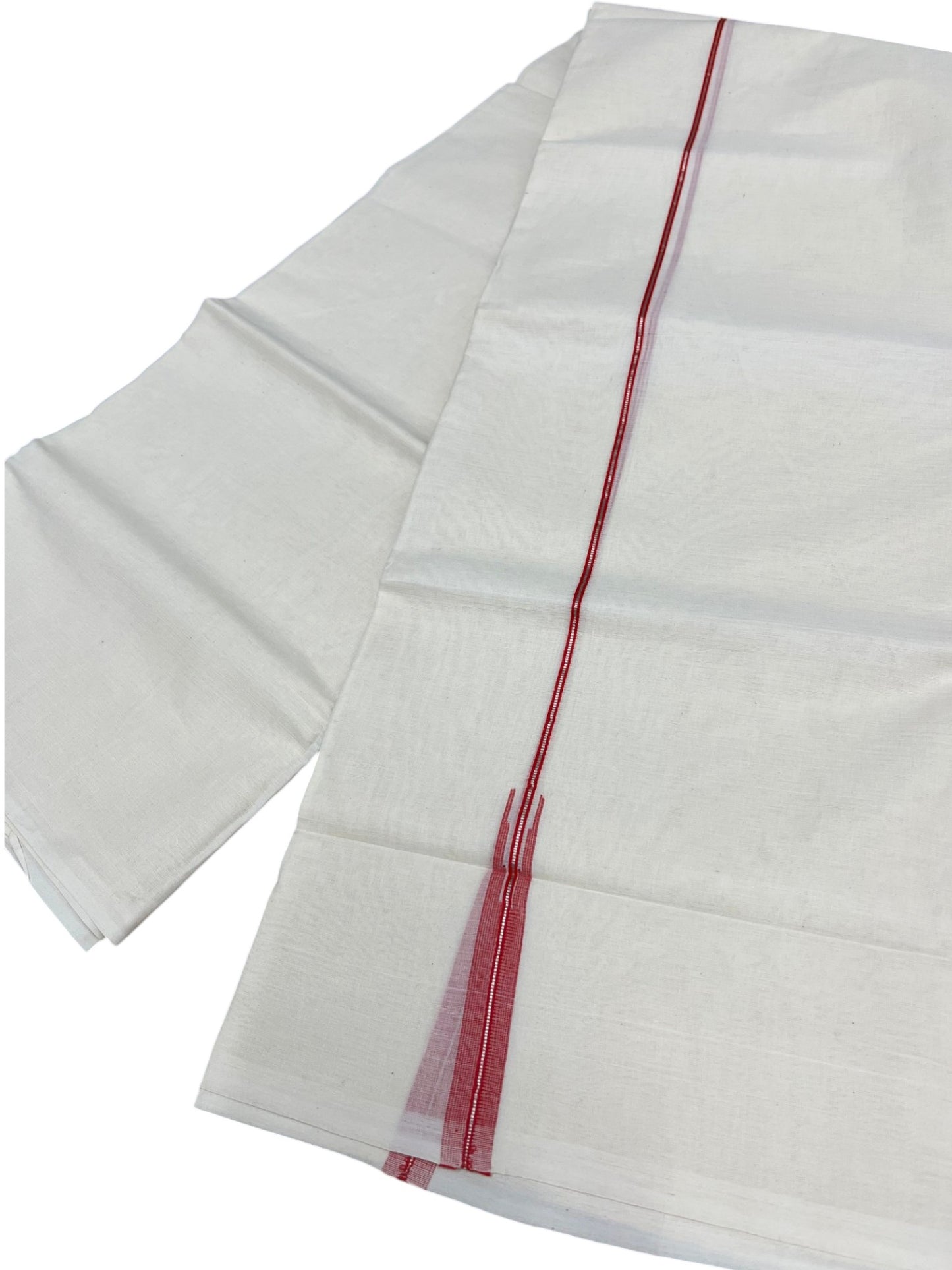 Kerala Pure Cotton Double Mundu with Red And Silver Chutti Kara (South Indian Kerala Dhoti)