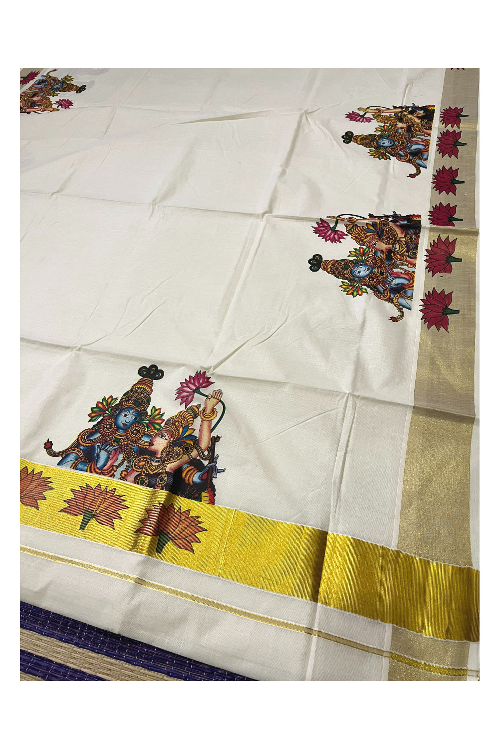 Pure Cotton Kerala Kasavu Saree with Krishna Radha Mural Printed Design