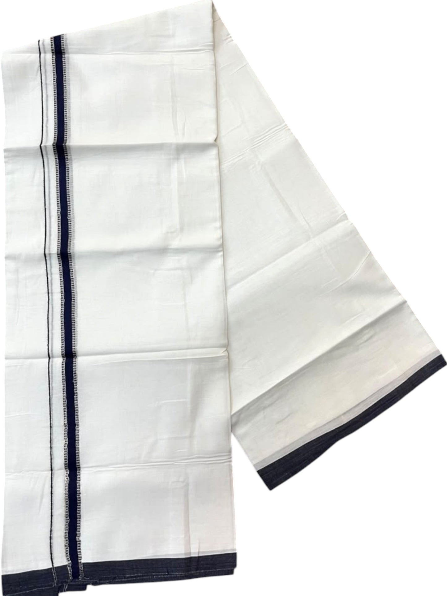 Southloom Pure White Cotton Mundu with Blue & Silver Line Border (South Indian Kerala Dhoti)
