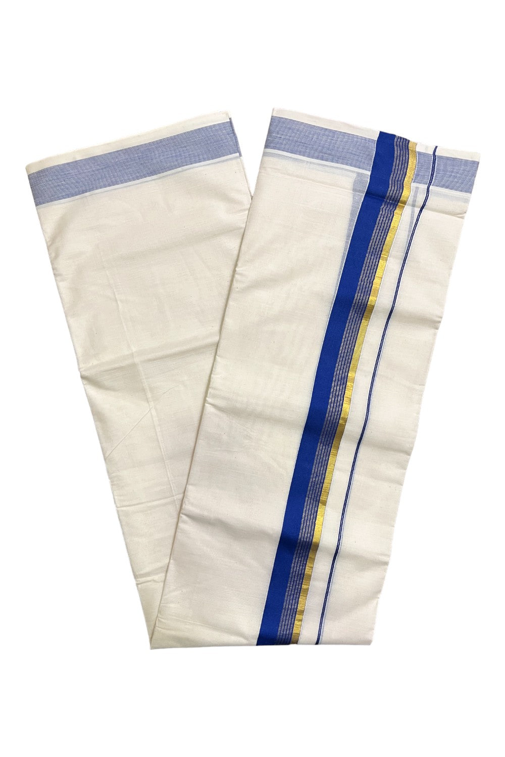Kerala Pure Cotton Double Mundu with Blue and Kasavu Border (South Indian Kerala Dhoti)