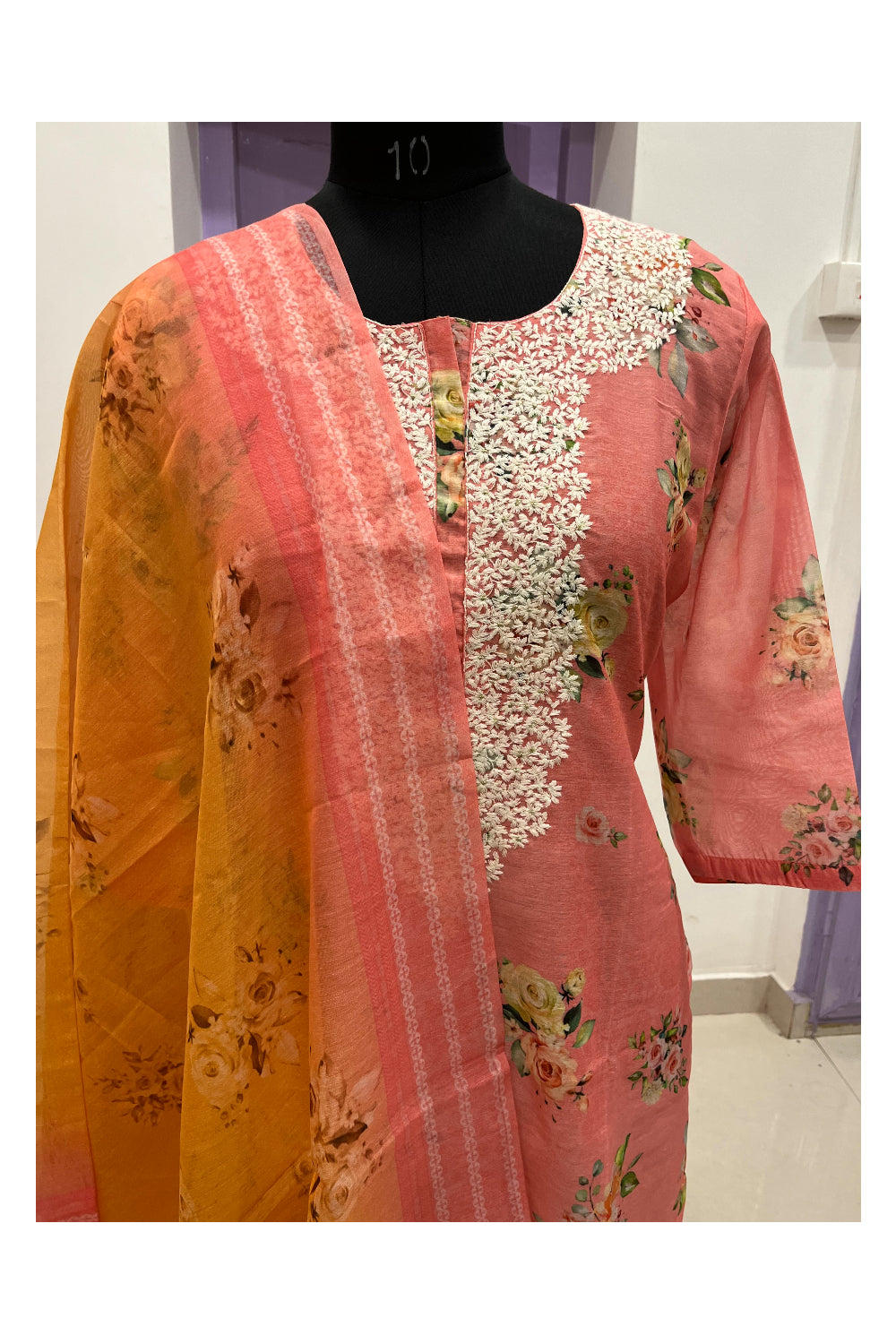 Southloom Stitched Semi Silk Salwar Set in Peach Floral Prints