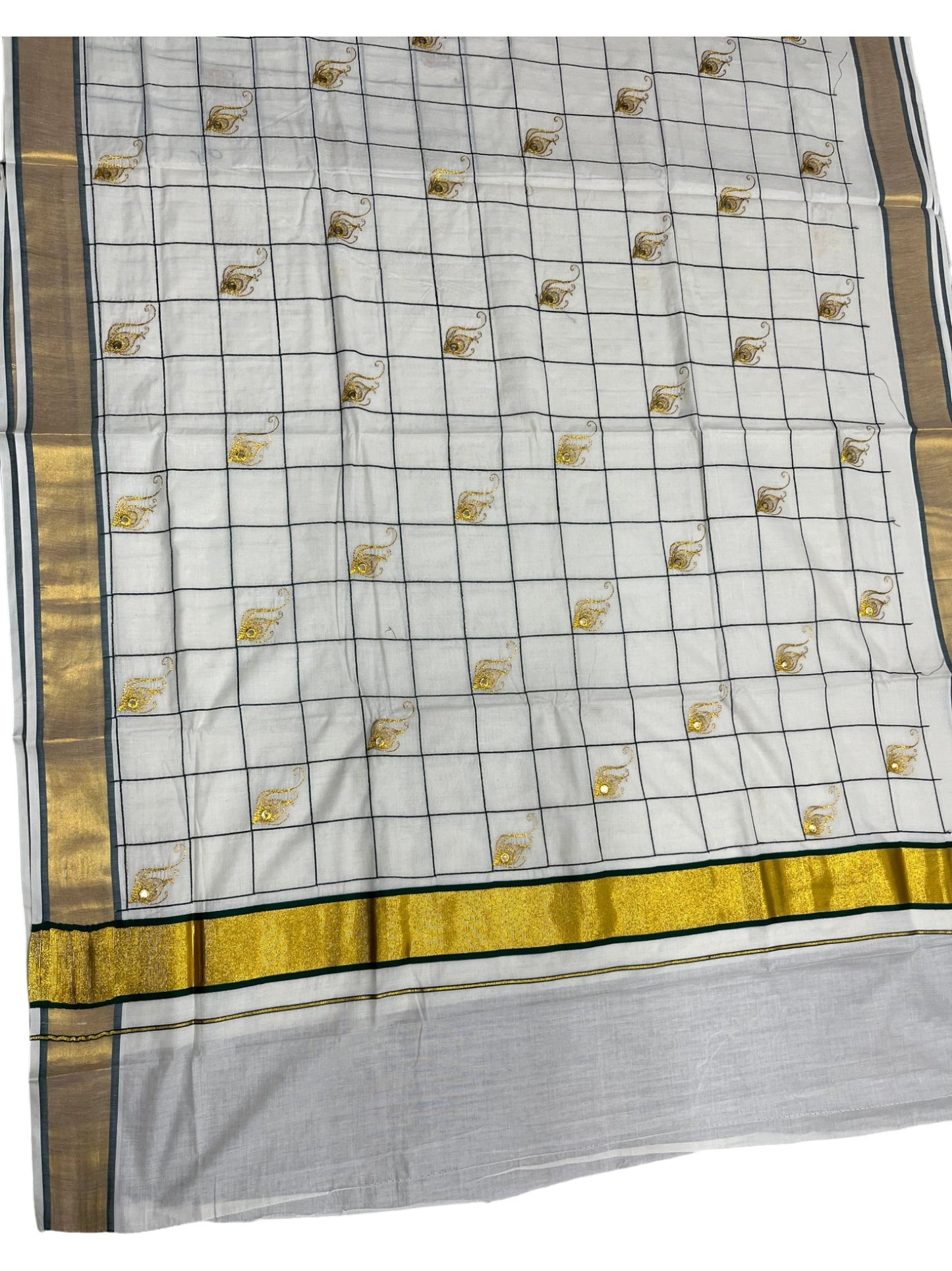 Southloom Cotton Kerala Kasavu Check Saree with Peacock Feather Embroidery Design in Green
