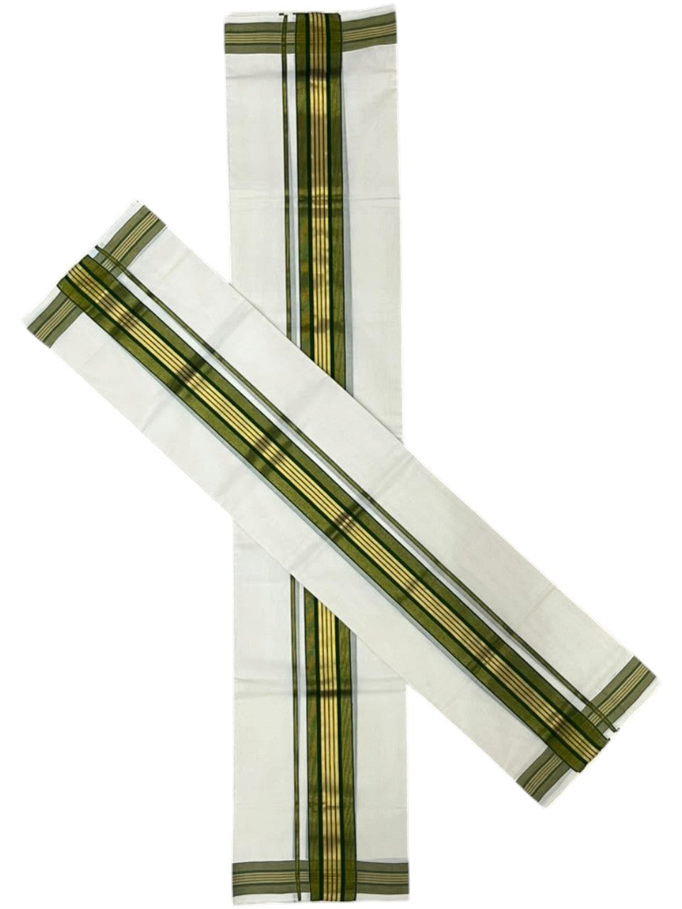 Southloom Premium Handloom Set Mundu with Kasavu With Green and Golden Border (2.80 Mtr)