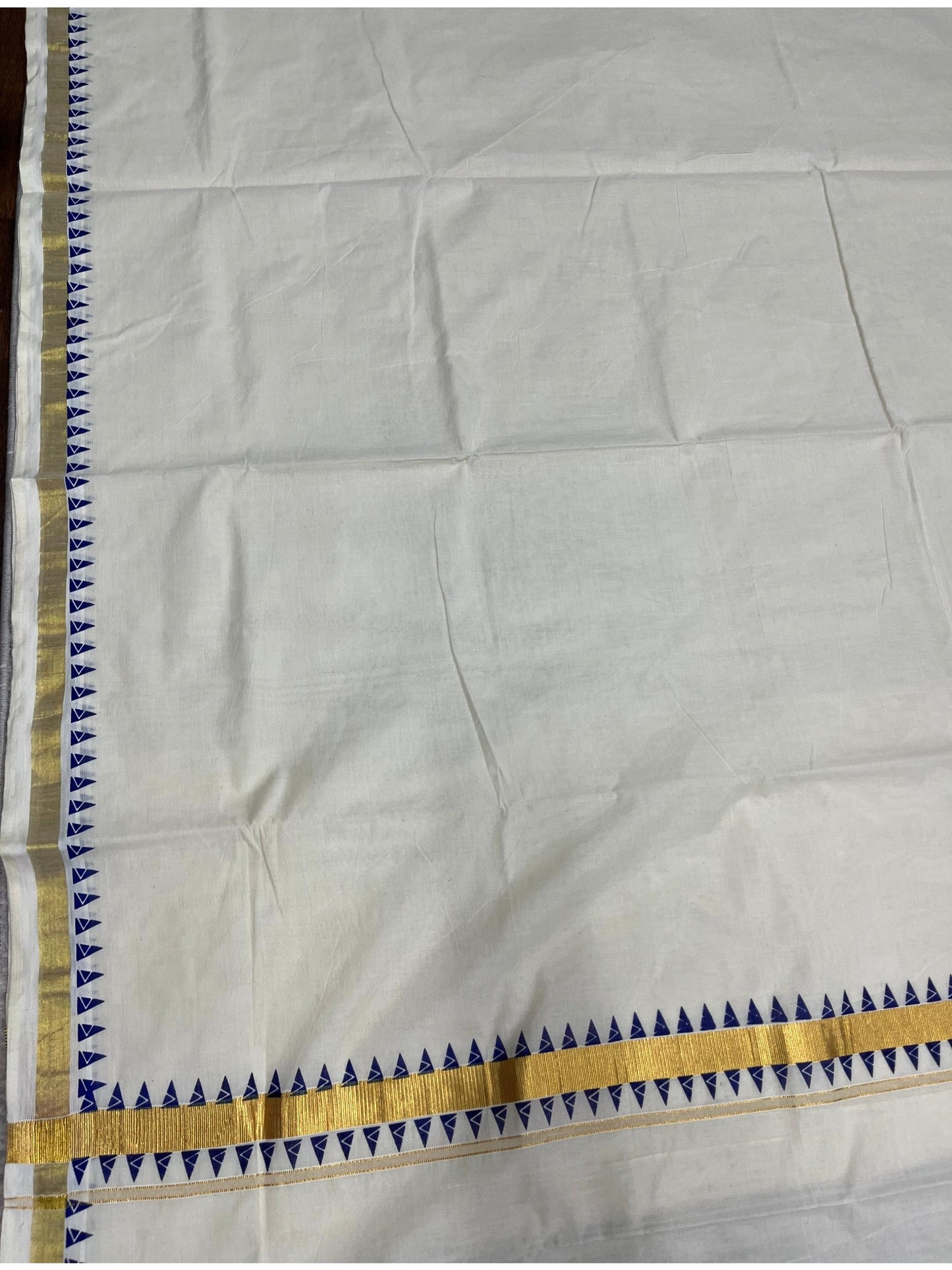Southloom Cotton Kerala Kasavu Saree with Blue Tample Design Border