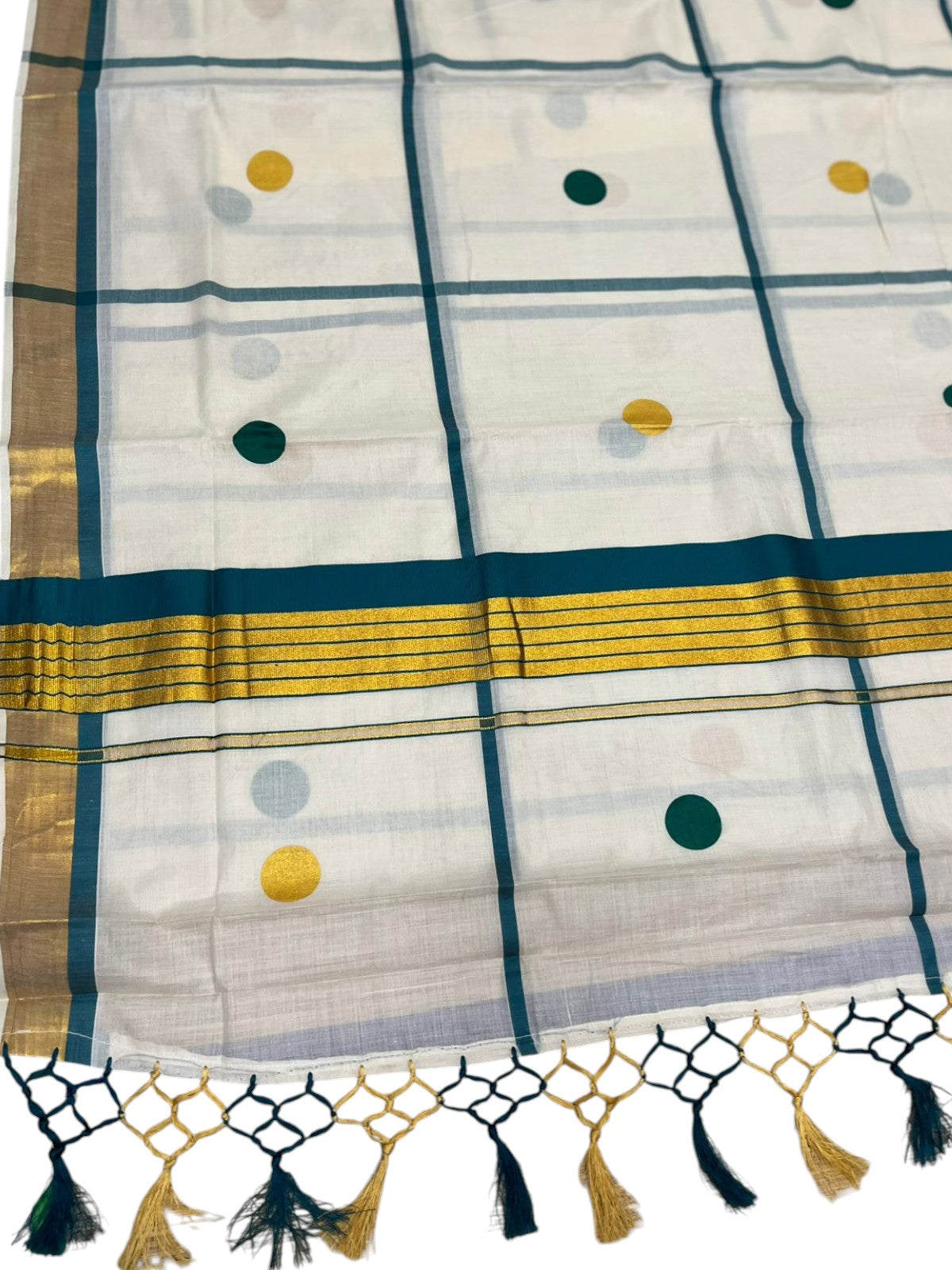 Southloom Kerala Cotton Kasavu Saree with Peacock Green & Gold Polka Works on Body