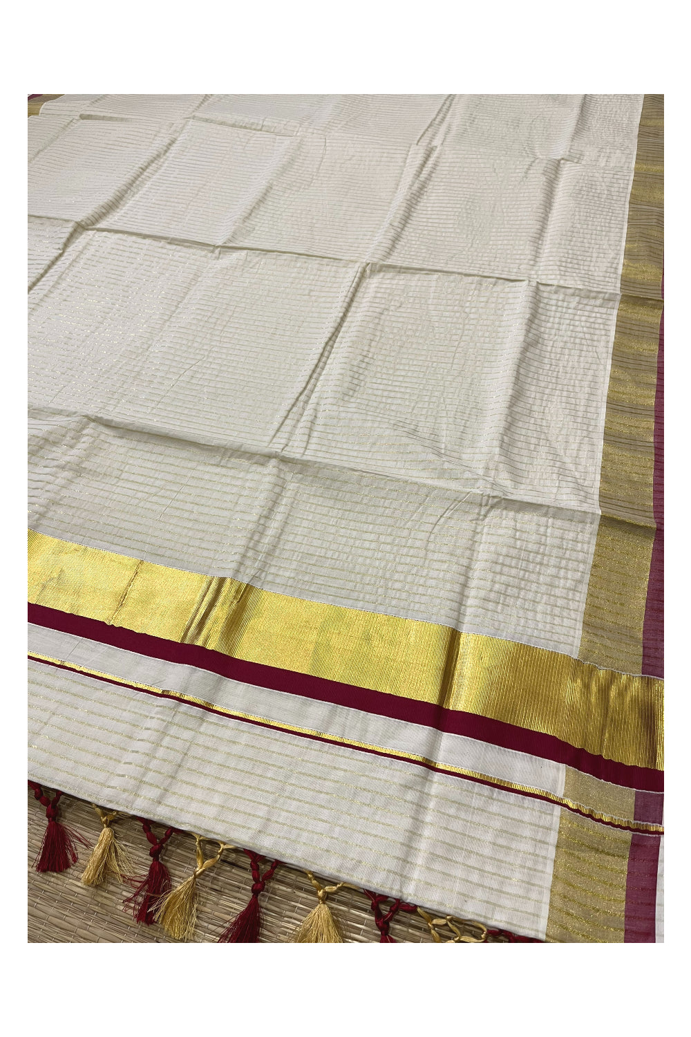 Pure Cotton Kerala Kasavu Lines Design Saree with Maroon Border and Tassels Work (Onam Saree 2023)