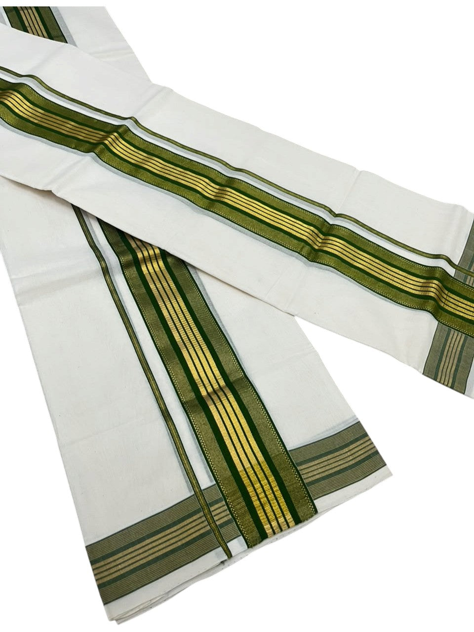 Southloom Premium Handloom Set Mundu with Kasavu With Green and Golden Border (2.80 Mtr)